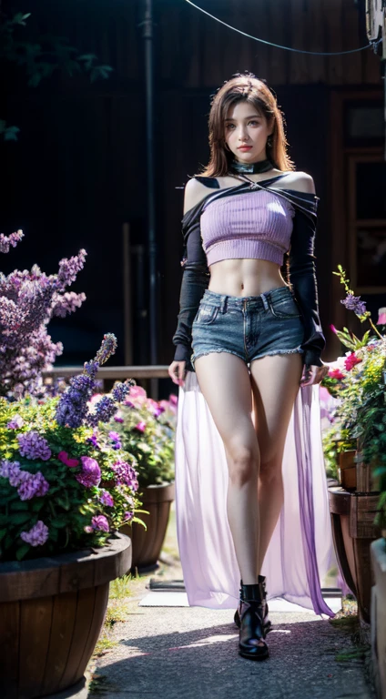 official art,All-in-one 8k wallpapers,very detailed,beautiful,beautiful,Masterpiece,best quality,Full body image from the knees, Qi Chun in the Traditional Gods,Long Lilac Hair,be be busy,be busy),black stripe,purple white ta,purple flowers,Cinema lights,abstract,little clothes, Wear short clothes, High-waisted denim shorts that sit above the hips...,Showing off a small belly,upper body, Open your stomach wide.,( big breasts, sexy, beautiful, A short crop top partially covers the breasts....,open shoulder,perfect body: 1.3),choker,diamond necklace, Strong body with tight muscles, abdominal muscles, Big hips with tight muscles. see the muscle groove