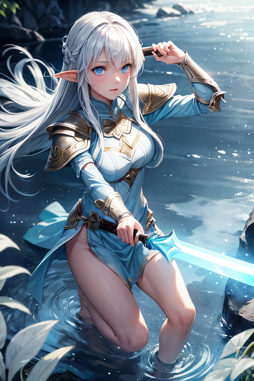 Young elven swordswoman, slightly bluish skin, White hair, Barefoot, light armor, eis und schnee, ernster blick, ein leuchtendes auge