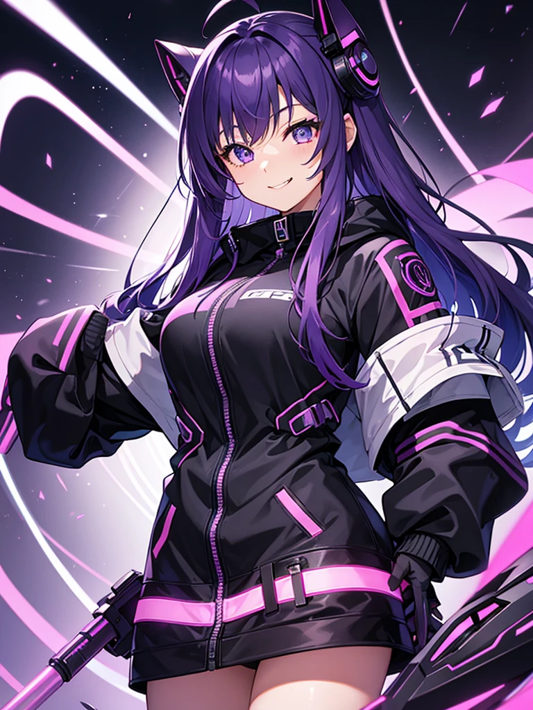 One girl、Anime solid color、Colorful background、cyber punk、Purple Hair、Black jacket、Smile with your mouth closed、Highest品質, High definition, Ultra-fine, Highest_detailed