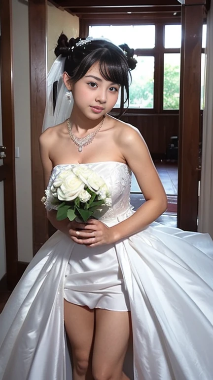(((Pixel perfect, Perfect details))), alone, 1 girl, Close-up of beautiful bride wearing beautiful wedding dress,Gurwitz, (bridal veil:1.5),(transparent short veil:1.5),blush,eye shadow,Blushing face,Head flower,bouquet,(tube top wedding dress:1.5),(silk dress:1.2),(strapless wedding dress:1.5),pure white dress,necklace,earringedium breasts:1.3),Bangs,lipstick,(White long elbow gloves:1.4),full-body shot,High-detail RAW color art,White long skirt,There is only one railway track in the whole body, 18 years old, (long twintails:1.5),(double bun:1.5), black hair