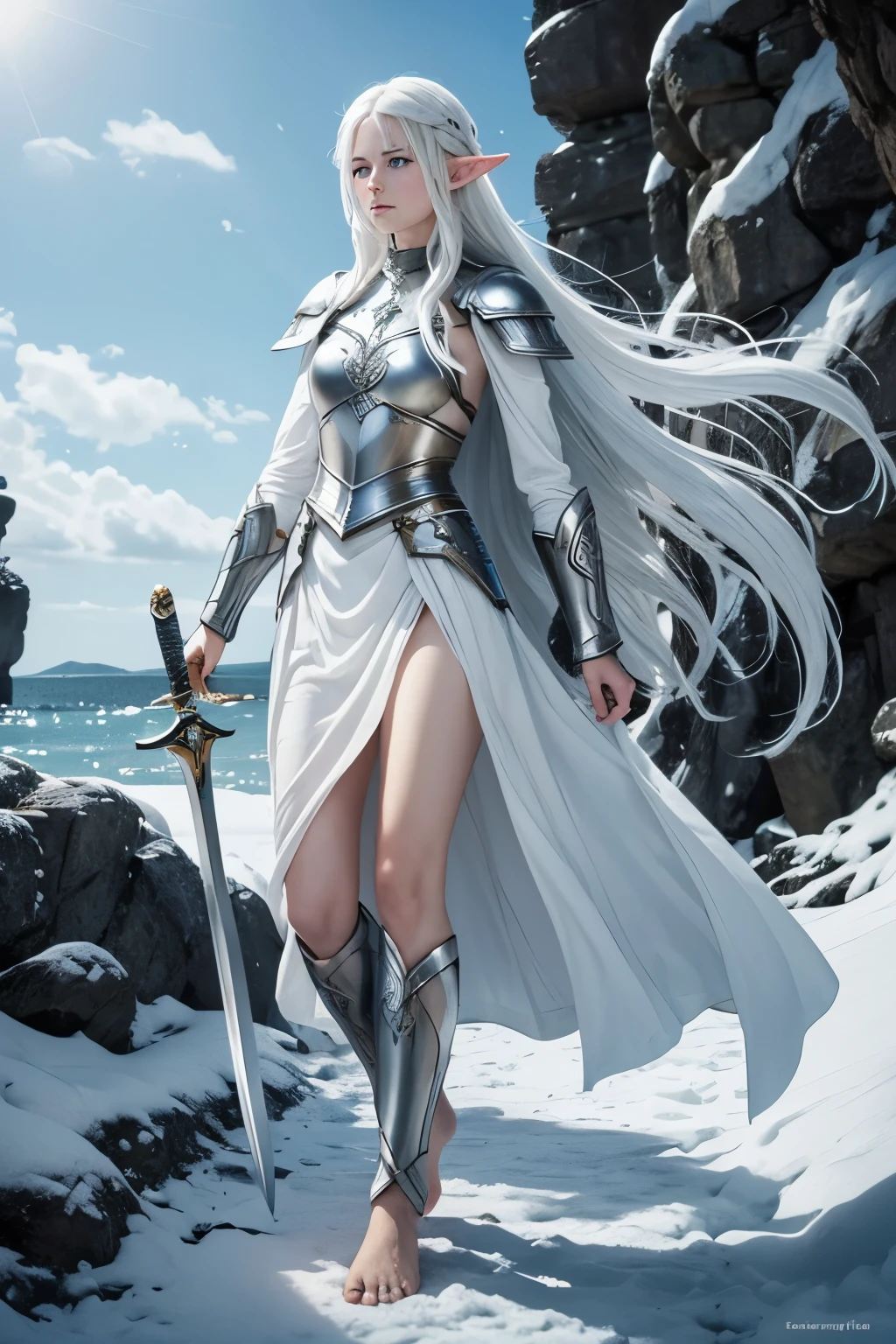 Young elven swordswoman, slightly bluish skin, White hair, Barefoot, light armor, eis und schnee, ernster blick, ein leuchtendes auge