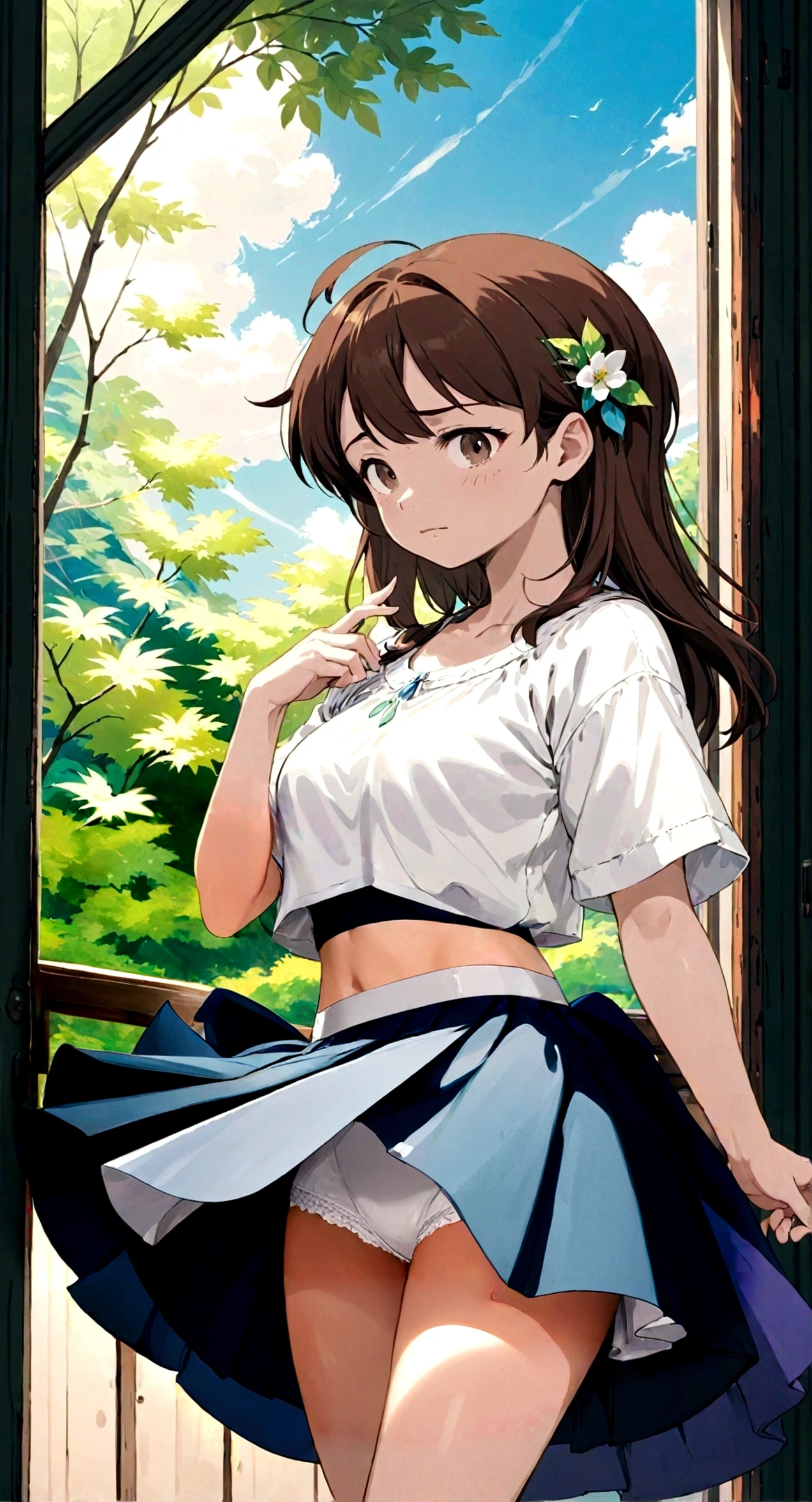 A skirt puffed up by the strong wind、、Skirt that is flipped、
裏地がI can see it 、White lining、I can see it、Anime White Panties、Crotch is visible