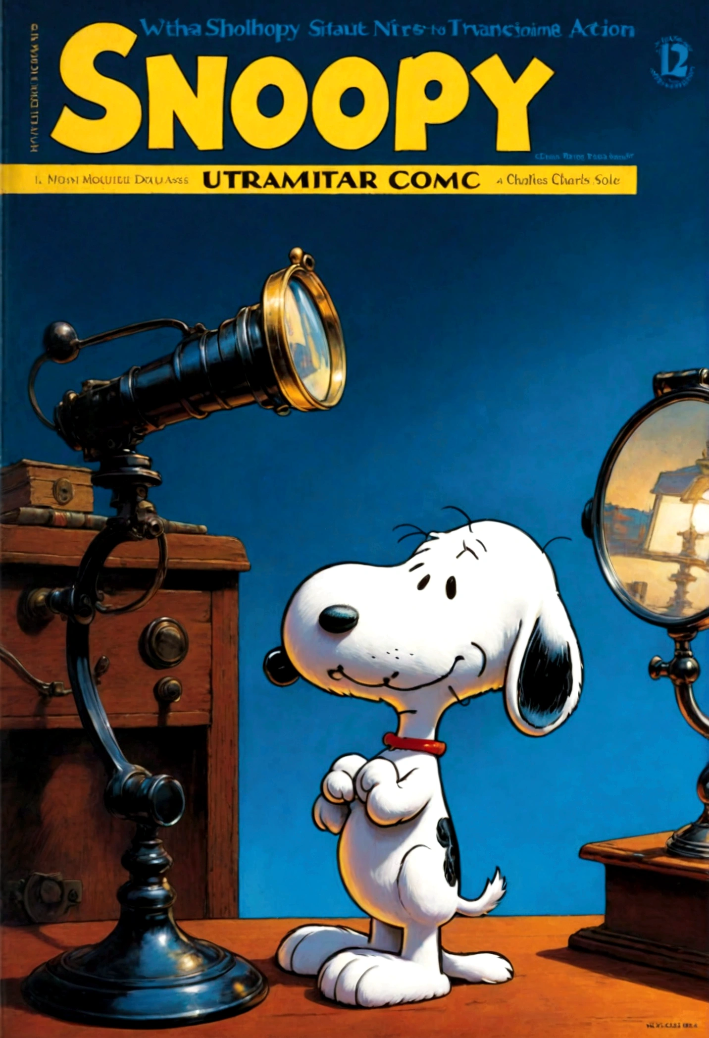 Snoopy, by Charles M. Schulz, Holmes Hat, magnifier, desk, text "Snoopy", magazine cover, dynamic pose, dramatic composition, cinematic camera angle, european comics, 90s cartoon art style, cinematic dynamic action scene, vibrant colors, cinematic lighting, dramatic lighting, best quality, masterpiece, very aesthetic, perfect composition, intricate details, ultra-detailed