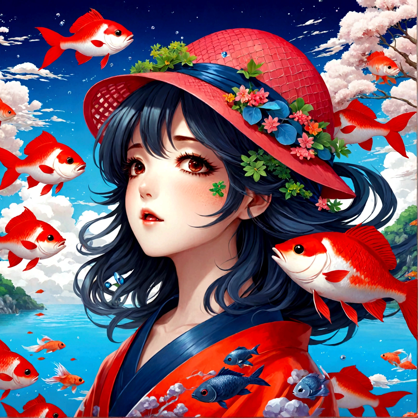 1girl, anime girl with a red hat and a fish in her hair, a beautiful artwork illustration, beautiful anime artwork, beautiful digital illustration, beautiful anime art, beautiful digital artwork, anime style illustration, beautiful anime art style, beautiful anime portrait, anime fantasy illustration, anime styled digital art, anime graphic illustration, japanese art style, exquisite digital illustration, anime art wallpaper 4k, a digital painting by Yuumei, pixiv contest winner, fantasy art, masterpiece, best quality, very aesthetic, absurdres