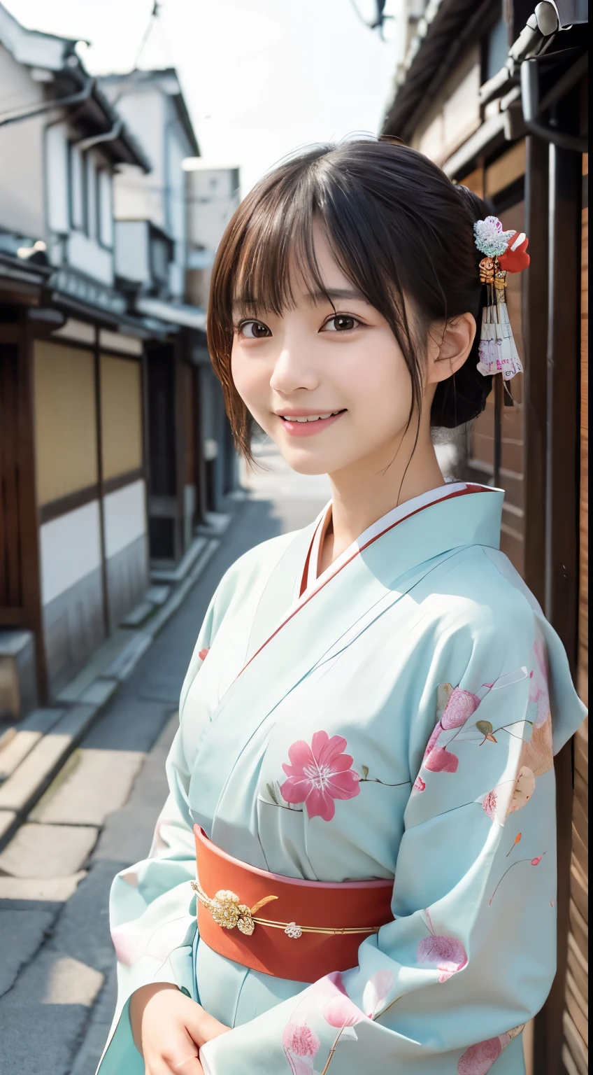 Professional Lighting,(Photorealistic:1.4), (Top image quality:1.0), (超A high resolution:1.0), 8k, Raw photography, (masterpiece:0.2), (Facing the children_v1:0.5)、(最高quality Detail:1.2)、Realistic、8K Ultra HD、High resolution、(1 girl:1.2)、超detailedな、High quality textures、複雑なdetailed、detailed、Very detailed CG、High quality shadows、detailed 美しく繊細な顔、Beautiful details and a delicate eye、(Symmetrical eyes:1.2),Written boundary depth、Ray Tracing,1 girl, Japanese Girls, (Natural smile:1.4),cute, thin, Portrait of a beautiful Japanese woman in a kimono, Standing elegantly on a street corner in Kyoto. Kimono with vibrant traditional patterns, Hair decorated with elegant and delicate hairpins, Gentle expression. (With the old streets of Kyoto in the background:1.4)、The soft light of a spring afternoon、Adding tranquility to the scene. Rendered in a Realistic style with great attention to detail, High resolutionの画像.Sky Porn, Magic Hour, (Realistic:1.3), finely, quality, (Tabletop:1.2), (Realistic:1.2), (最高quality), (複雑なdetailed), dramatic, Ray Tracing, photograph, +roller