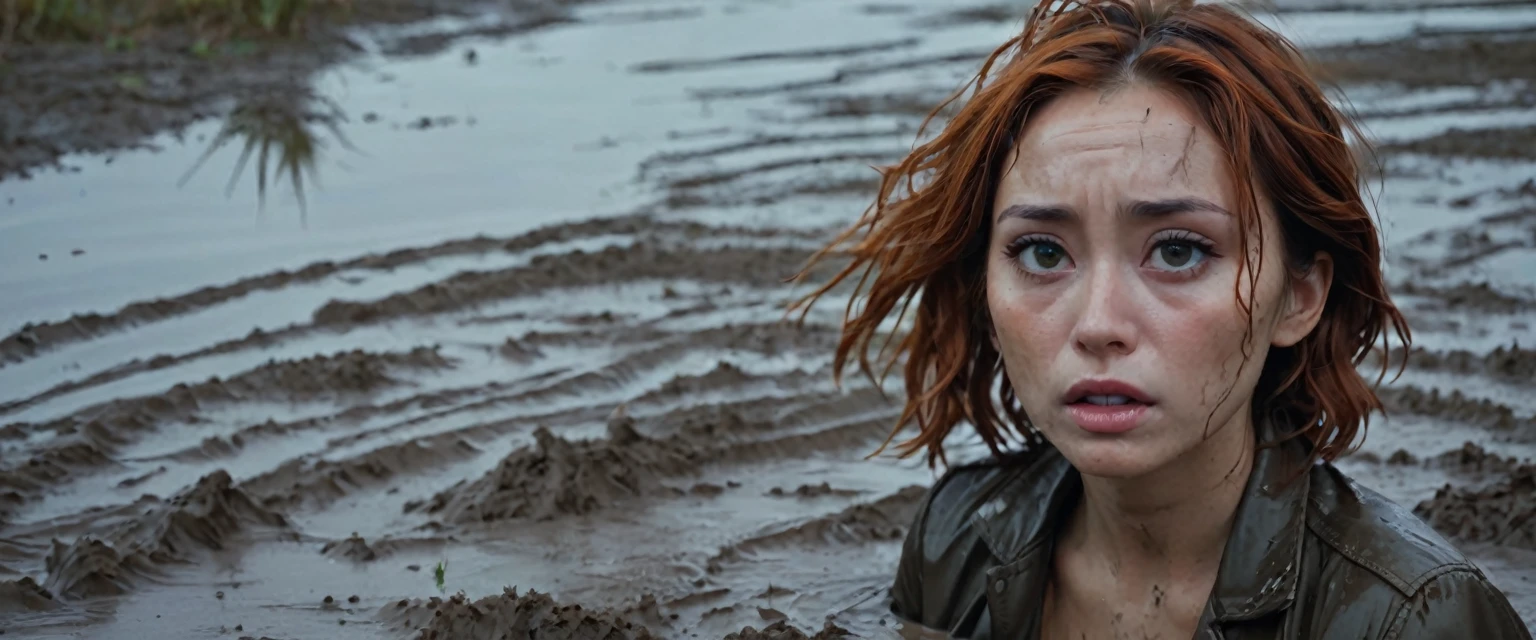8k, ultra-detailed, from afar view:1.5, documentary drama photo, grainy film photo, masterpiece,muted colors, muffled light, dusk, rainy, moody, noir, asphyxia:1.2, drowning, woman messy head completely drown in mud hole, shame expression, messy muddy orange brunette hair, depraved outfit,asian:0.5, from above view, faded leather jacket,,
