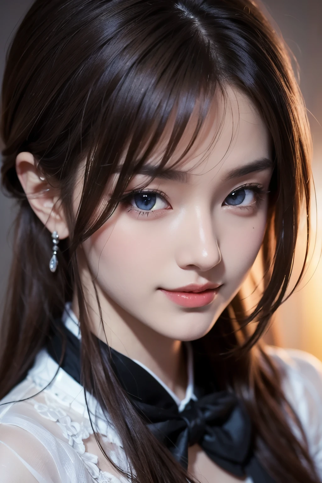 Top quality, 8K, masterpiece, single girl, slim abs beauty, casual hairstyle, big breasts, black suit, business suit, gentleman's clothing, black tie, holding purple bouquet, highly detailed face, delicate eyes, double eyelids, shy, dynamic pose, thighs, smiling anime girl, grey brown hair and blue eyes, Zaat Krenz feminization key art, beautiful woman portrait, detailed digital anime art, high detailed official artwork, detailed anime art, female anime hero portrait,