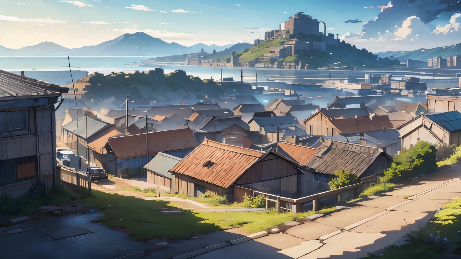 Highly detailed painting from above a mountain of an industrial harbour with old warehouses with lush rocky vegetation, rusty industrial plant in the background, Anime background art, Anime landscape, Highly detailed illustration, anime style cityscape, Makoto Shinkai's style, anime backgrounds, Anime landscapes, in the style of makoto shinkai, drawn in anime painter studio, beautiful anime scenery, Anime landscape concept art, Digital painting
