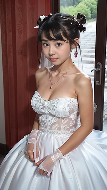 (((Pixel perfect, Perfect details))), alone, 1 girl, Close-up of beautiful bride wearing beautiful wedding dress,Gurwitz, (bridal veil:1.5），（transparent short veil：1.5），blush，eye shadow，Blushing face，Head flower,（tube top wedding dress：1.5），（silk dress：1.2）,（strapless wedding dress：1.5）,pure white dress，necklace，earring, medium breasts:1.3)，Bangs，lipstick，（White long elbow gloves：1.4）,full-body shot,High-detail RAW color art,White long skirt，There is only one railway track in the whole body, 18 years old, （long twintails：1.5）,(double bun:1.5), black hair