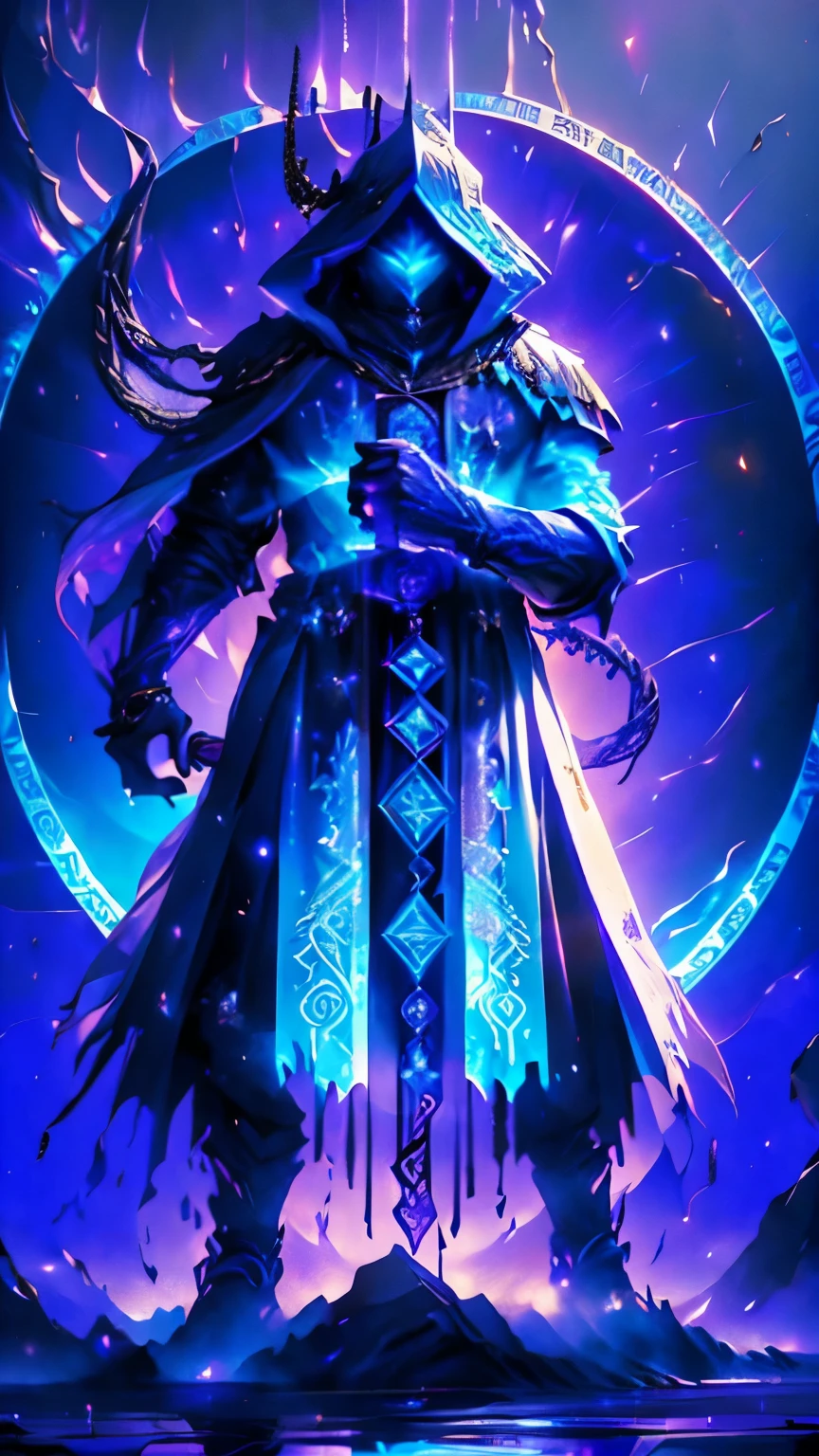 A magician wielding a violet dragon scale staff conjuring a magic circle of immense power to reshape a world of frost and snow. The staff is topped with the glowing blue crystal heart of an ice dragon, with ice blue runes glowing down it's length. The magician is dressed in a beautiful red dragon scale armor, with a luxurious violet cloak tipped with black fur.  The cloak is embroidered with magic thread forming golden glowing runes. A mandala inscribed with dense runes can be seen behind his back indicating his mastery in various fields of magic 