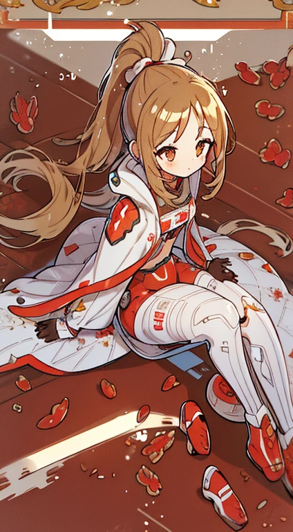 1GIRL, finely detailed, (best quality), hdr, hi res, high resolution, (masterpiece), (intricate details), cute style, ((long brown hair in ponytail)), ((plugsuit)), battle suit, ((red and white clothes)), ((mecha style clothes)), beautiful face, happy, cute face, pinup, perfect face, in futuristic city, dynamic, laying down, knees up, (curled up) 