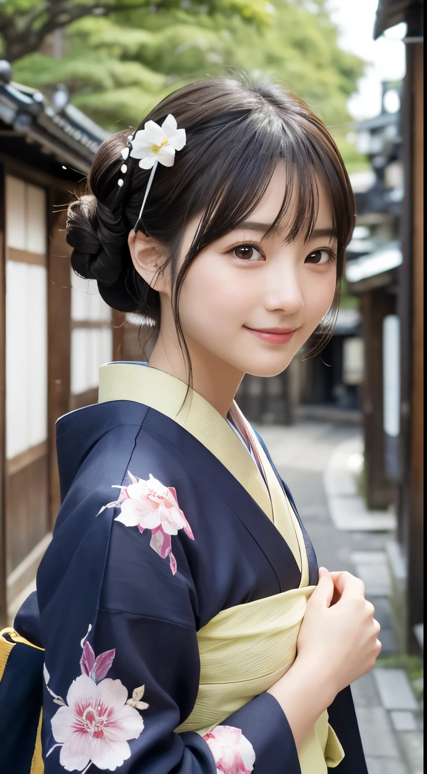 Professional Lighting,(Photorealistic:1.4), (Top image quality:1.0), (超A high resolution:1.0), 8k, Raw photography, (masterpiece:0.2), (Facing the children_v1:0.5)、(最高quality Detail:1.2)、Realistic、8K Ultra HD、High resolution、(1 girl:1.2)、超detailedな、High quality textures、複雑なdetailed、detailed、Very detailed CG、High quality shadows、detailed 美しく繊細な顔、Beautiful details and a delicate eye、(Symmetrical eyes:1.2),Written boundary depth、Ray Tracing,1 girl, Japanese Girls, (Natural smile:1.4),cute, thin, Portrait of a beautiful Japanese woman in a kimono, Standing elegantly on a street corner in Kyoto. Kimono with vibrant traditional patterns, Hair decorated with elegant and delicate hairpins, Gentle expression. (With the old streets of Kyoto in the background:1.4)、The soft light of a spring afternoon、Adding tranquility to the scene. Rendered in a Realistic style with great attention to detail, High resolutionの画像.Sky Porn, Magic Hour, (Realistic:1.3), finely, quality, (Tabletop:1.2), (Realistic:1.2), (最高quality), (複雑なdetailed), dramatic, Ray Tracing, photograph, +roller