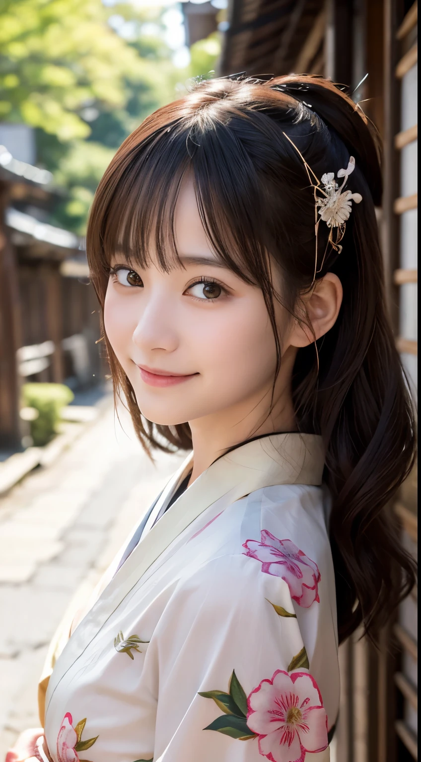 Professional Lighting,(Photorealistic:1.4), (Top image quality:1.0), (超A high resolution:1.0), 8k, Raw photography, (masterpiece:0.2), (Facing the children_v1:0.5)、(最高quality Detail:1.2)、Realistic、8K Ultra HD、High resolution、(1 girl:1.2)、超detailedな、High quality textures、複雑なdetailed、detailed、Very detailed CG、High quality shadows、detailed 美しく繊細な顔、Beautiful details and a delicate eye、(Symmetrical eyes:1.2),Written boundary depth、Ray Tracing,1 girl, Japanese Girls, (Natural smile:1.4),cute, thin, Portrait of a beautiful Japanese woman in a kimono, Standing elegantly on a street corner in Kyoto. Kimono with vibrant traditional patterns, Hair decorated with elegant and delicate hairpins, Gentle expression. (With the old streets of Kyoto in the background:1.4)、The soft light of a spring afternoon、Adding tranquility to the scene. Rendered in a Realistic style with great attention to detail, High resolutionの画像.Sky Porn, Magic Hour, (Realistic:1.3), finely, quality, (Tabletop:1.2), (Realistic:1.2), (最高quality), (複雑なdetailed), dramatic, Ray Tracing, photograph, +roller