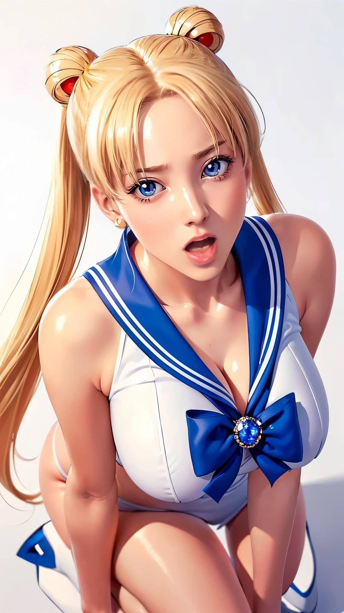 (（（Perfect body,White and tender skin,（（（Blue and white sailor suit, black high heels, and a bright red bow on the chest,）））,（（（SMUsagiTsukino,Slender and soft golden hair, crystal clear and delicate skin, bright blue big eyes, thin cherry colored lips,,）））,((masterpiece)),highres,((Best quality at best)),masterpiece,quality,Best quality,(（（ Exquisite facial features,Looking at the audience,There is light in the eyes,(（（Open your mouth,Separate your lips,）））,）））,（（（Light and shadow,Huge breasts,）））,（（（Looking at the camera,White background,HEADPAT,HEADGRAB,FELLATIO)））)