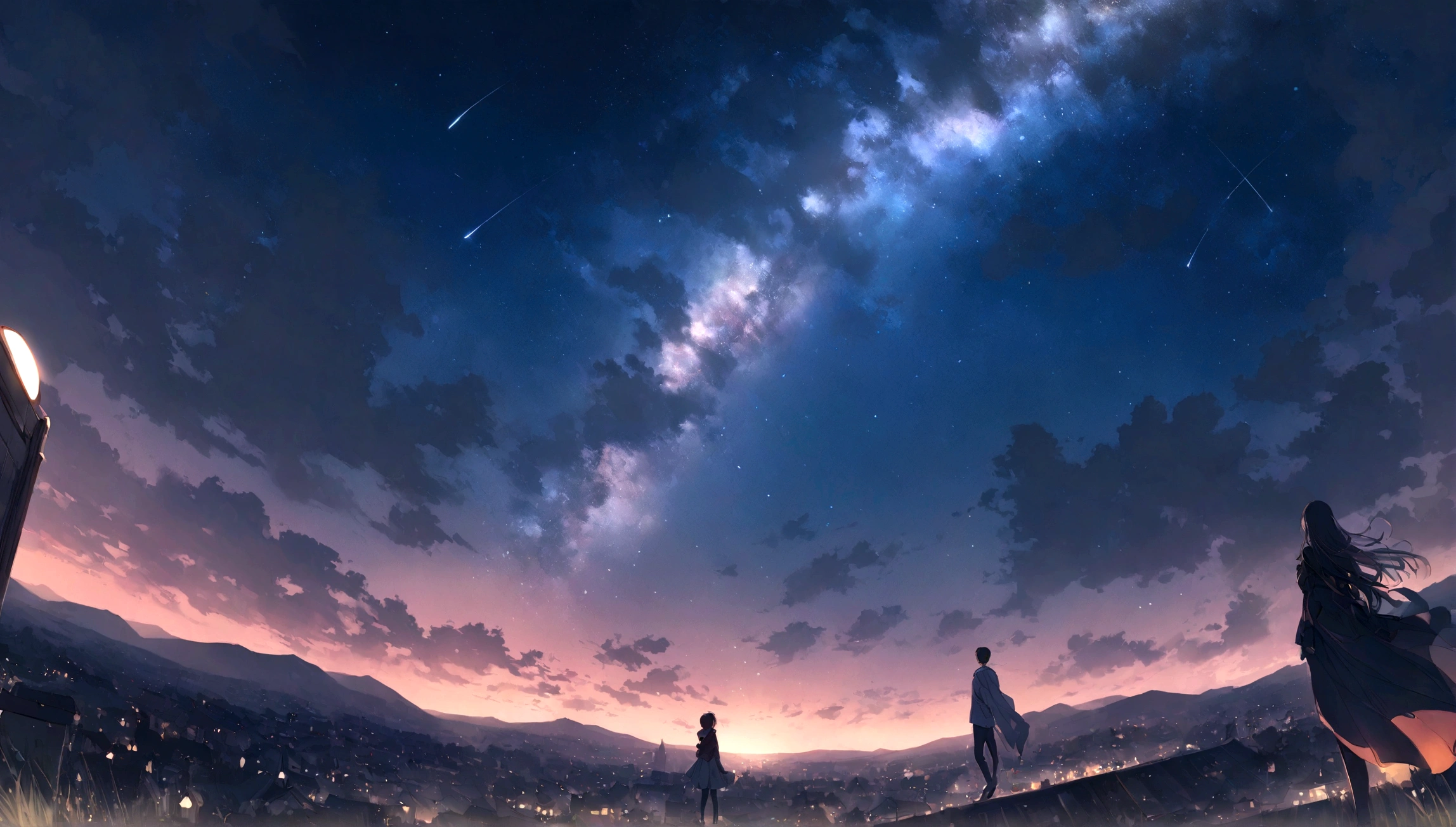 City of night、The sky is wonderful、meteor、3 boy sitting on top of a building、Brown Hair、Back view、The city is bright with streetlights、Landscape Main、highest quality、Anime Scenery、Xin Haichen、building、Field、Milky Way 110207, distant 3 year old little the performer,(Zoom out:1.1),(meteor:1.2)、(comet:1.1,yourname、Low Angle、From behind、Alola、shooting star、cherry blossoms、Standing in the Field、highest quality、masterpiece、cloud、colorful、Starry Sky、performer、