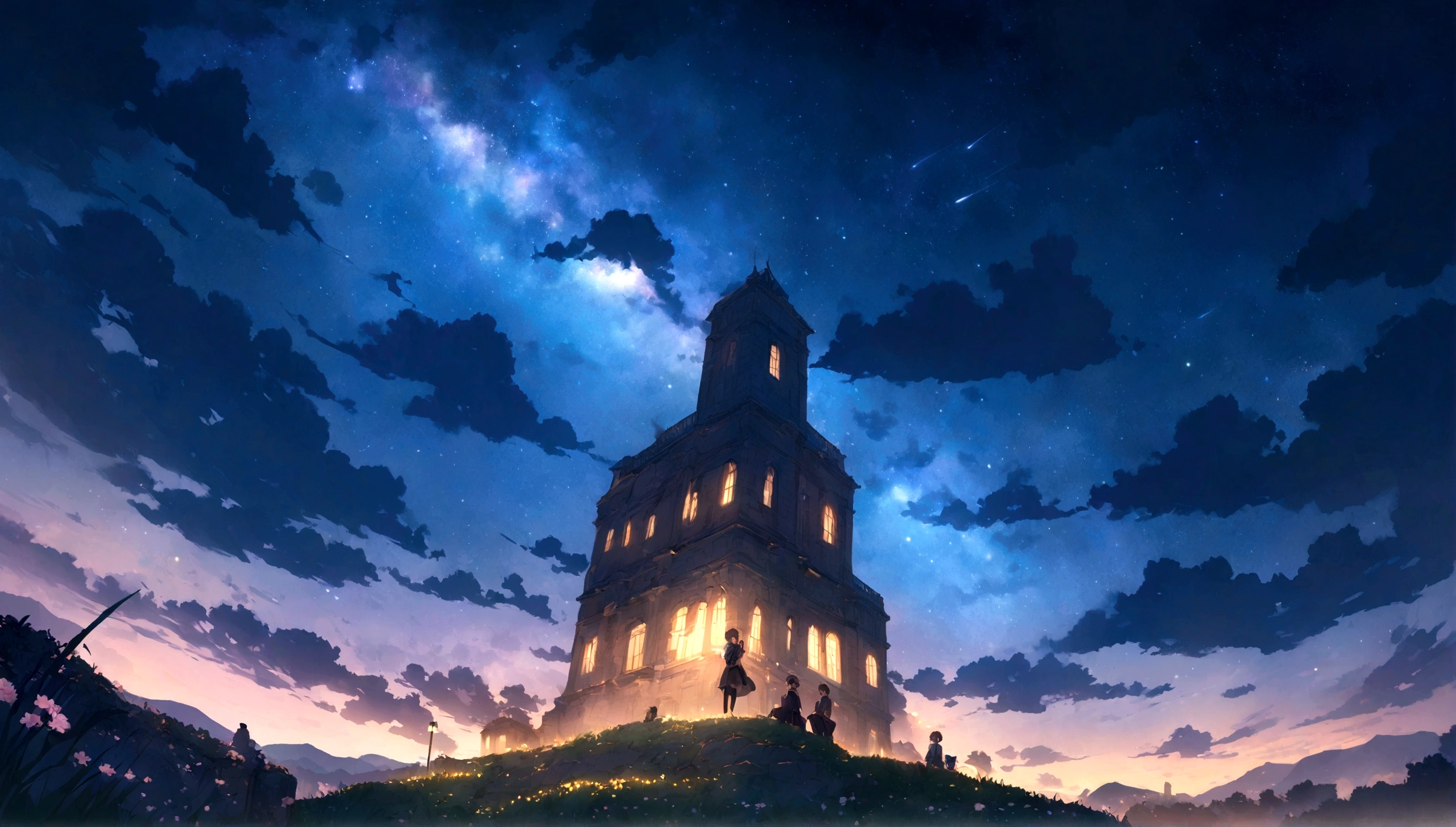 City of night、The sky is wonderful、meteor、3 year old little boy sitting on top of a building、Brown Hair、Back view、The city is bright with streetlights、Landscape Main、highest quality、Anime Scenery、Xin Haichen、building、Field、Milky Way 110207, distant 3 year old little boy staring at the performer,(Zoom out:1.1),(meteor:1.2)、(comet:1.1,yourname、Low Angle、From behind、Alola、shooting star、cherry blossoms、Standing in the Field、highest quality、masterpiece、cloud、colorful、Starry Sky、performer、