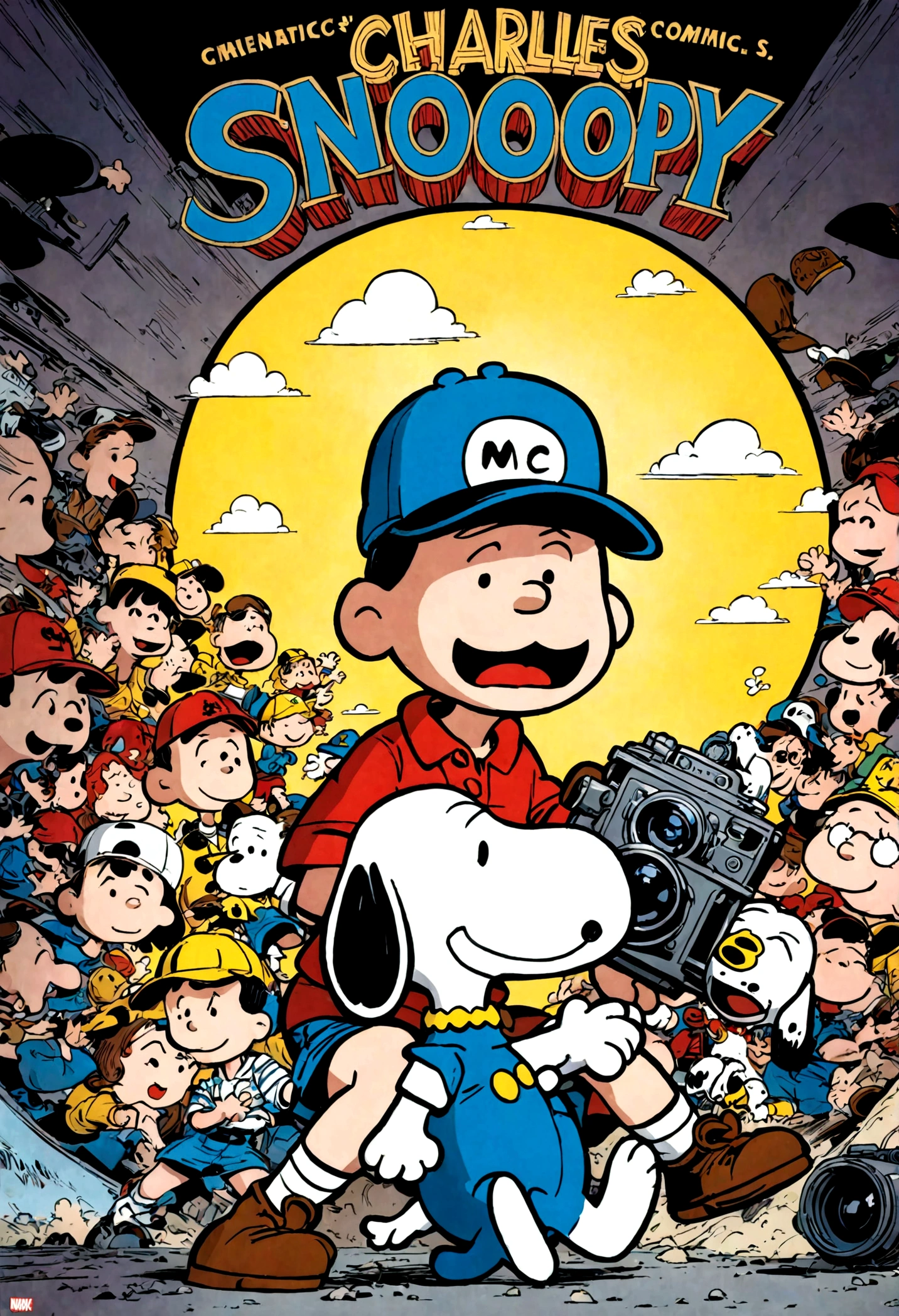 Snoopy, by Charles M. Schulz, Baseball cap, baseball glove, magazine cover, dynamic pose, dramatic composition, cinematic camera angle, european comics, 90s cartoon art style, cinematic dynamic action scene, vibrant colors, cinematic lighting, dramatic lighting, best quality, masterpiece, very aesthetic, perfect composition, intricate details, ultra-detailed