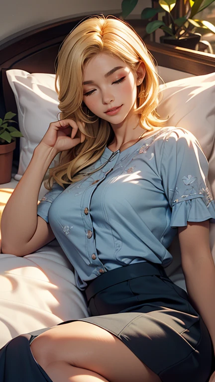 Lying, close up, sleeping, pillow, closed eyes, Delicate and beautiful CG art), (highest quality, Very detailed, High resolution), (Dynamic Lighting), (One character), (blonde hair), (Beautiful Face), 1 girl, (Long sideburns, plant, smile, shirt blue dress and mini skirt, bed