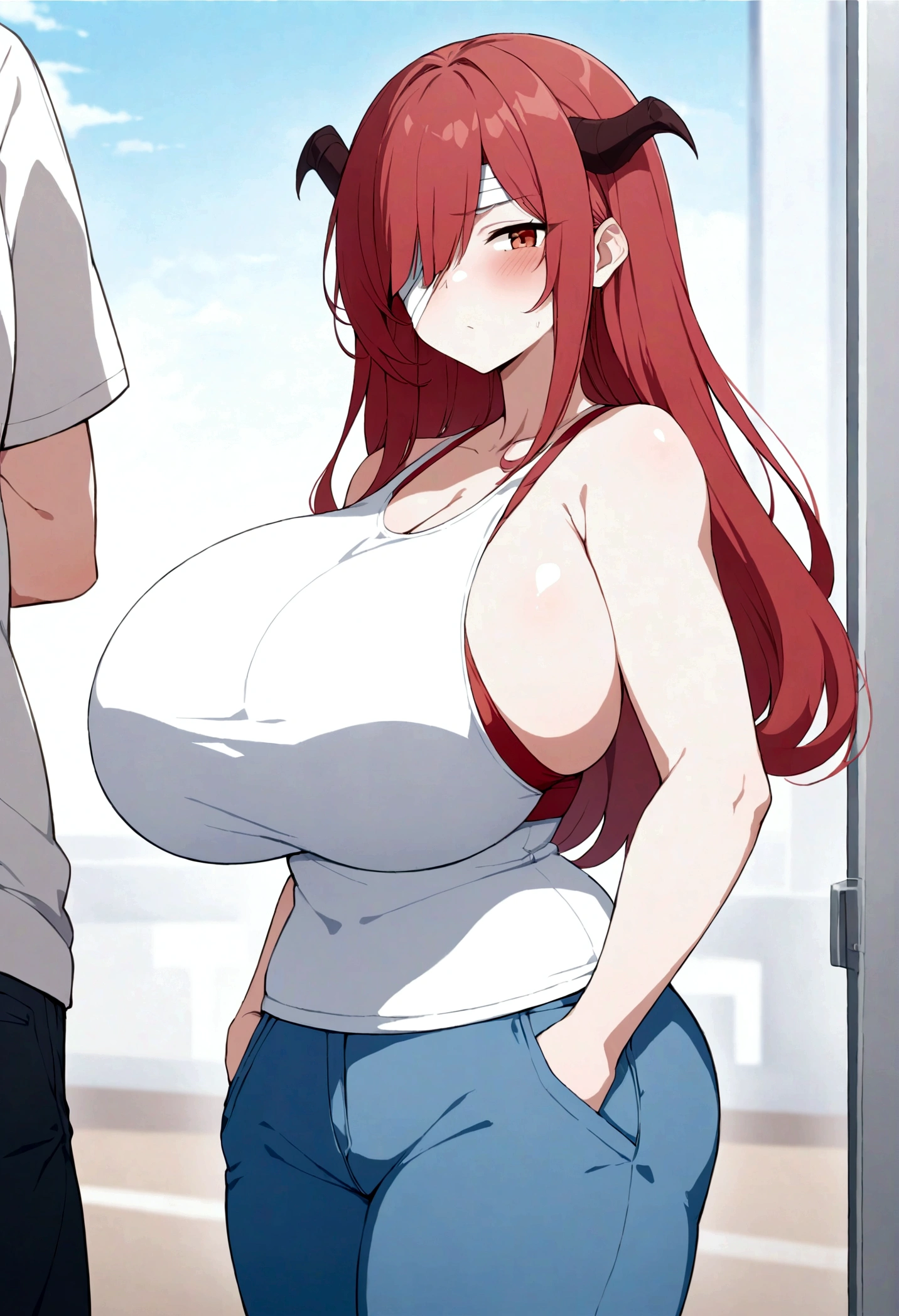 (masterpiece, best quality:1.2) best quality, focus, a closeup of a cartoon of a woman, girl design, portrait, giesha, anime image, long hair, red hair, heterochromia eyes, hair covering horns, demon horns, shy and sad look, sport tank red bra, blue jeans, sneakers, round thick giant breasts, hands in pocket, ((huge breasts)), ((large breasts)), ((enormus breasts)), bandage over one eye, full body, anime style, masterpiece, highres