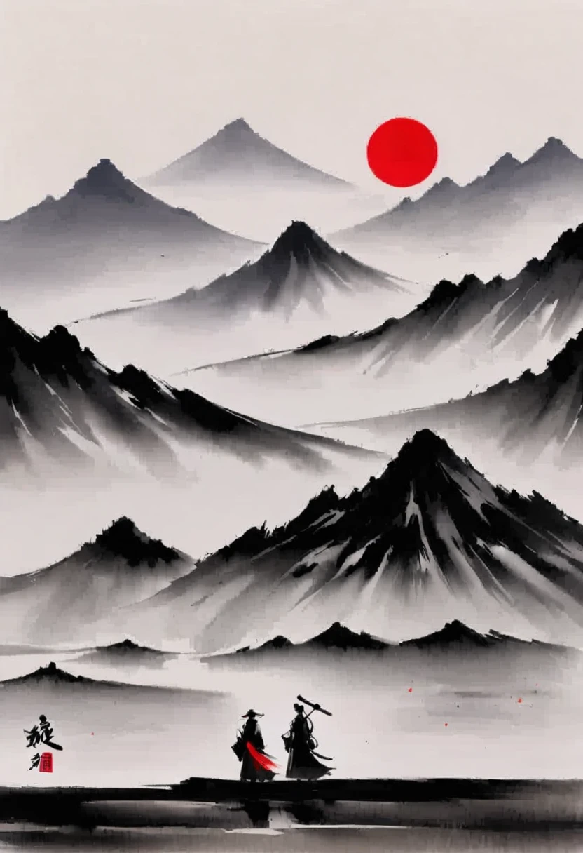 (大量留white:1.5)，white, white色背景, simple, Minimalism, abstract,Freehand，Aesthetic，黑与white，Ink Painting，antiquity，Mountain，People in the distance