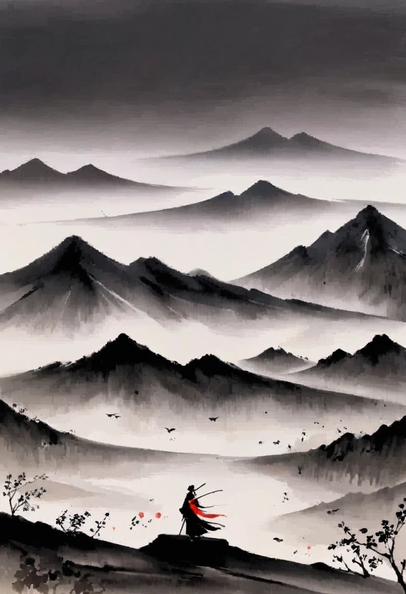 (大量留white:1.5),white, white色背景, simple, Minimalism, abstract,Freehand,Aesthetic,黑与white,Ink Painting,antiquity,Mountain,People in the distance