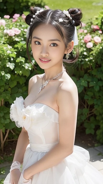 (((Pixel perfect, Perfect details))), alone, 1 girl, Close-up of beautiful bride wearing beautiful wedding dress,Gurwitz, (bridal veil:1.5），（transparent short veil：1.5），blush，eye shadow，Blushing face，Head flower,（tube top wedding dress：1.5），（silk dress：1.2）,（strapless wedding dress：1.5）,pure white dress，necklace，earring, medium breasts:1.3)，Bangs，lipstick，（White long elbow gloves：1.4）,full-body shot,High-detail RAW color art,White long skirt，There is only one railway track in the whole body, 18 years old, （long twintails：1.5）,(double bun:1.5), black hair