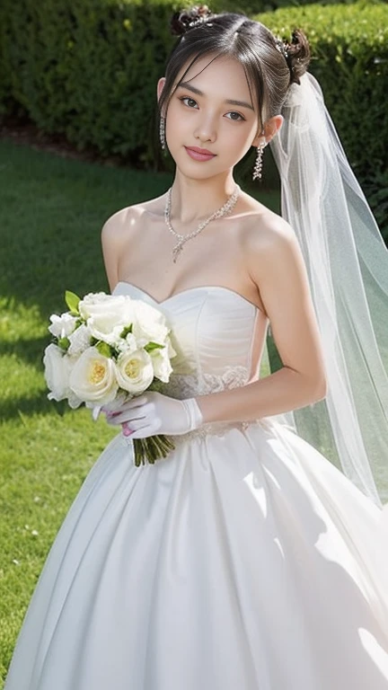 (((Pixel perfect, Perfect details))), alone, 1 girl, Close-up of beautiful bride wearing beautiful wedding dress,Gurwitz, (bridal veil:1.5），（transparent short veil：1.5），blush，eye shadow，Blushing face，Head flower,（tube top wedding dress：1.5），（silk dress：1.2）,（strapless wedding dress：1.5）,pure white dress，necklace，earring, medium breasts:1.3)，Bangs，lipstick，（White long elbow gloves：1.4）,full-body shot,High-detail RAW color art,White long skirt，There is only one railway track in the whole body, 18 years old, （long twintails：1.5）,(double bun:1.5), black hair