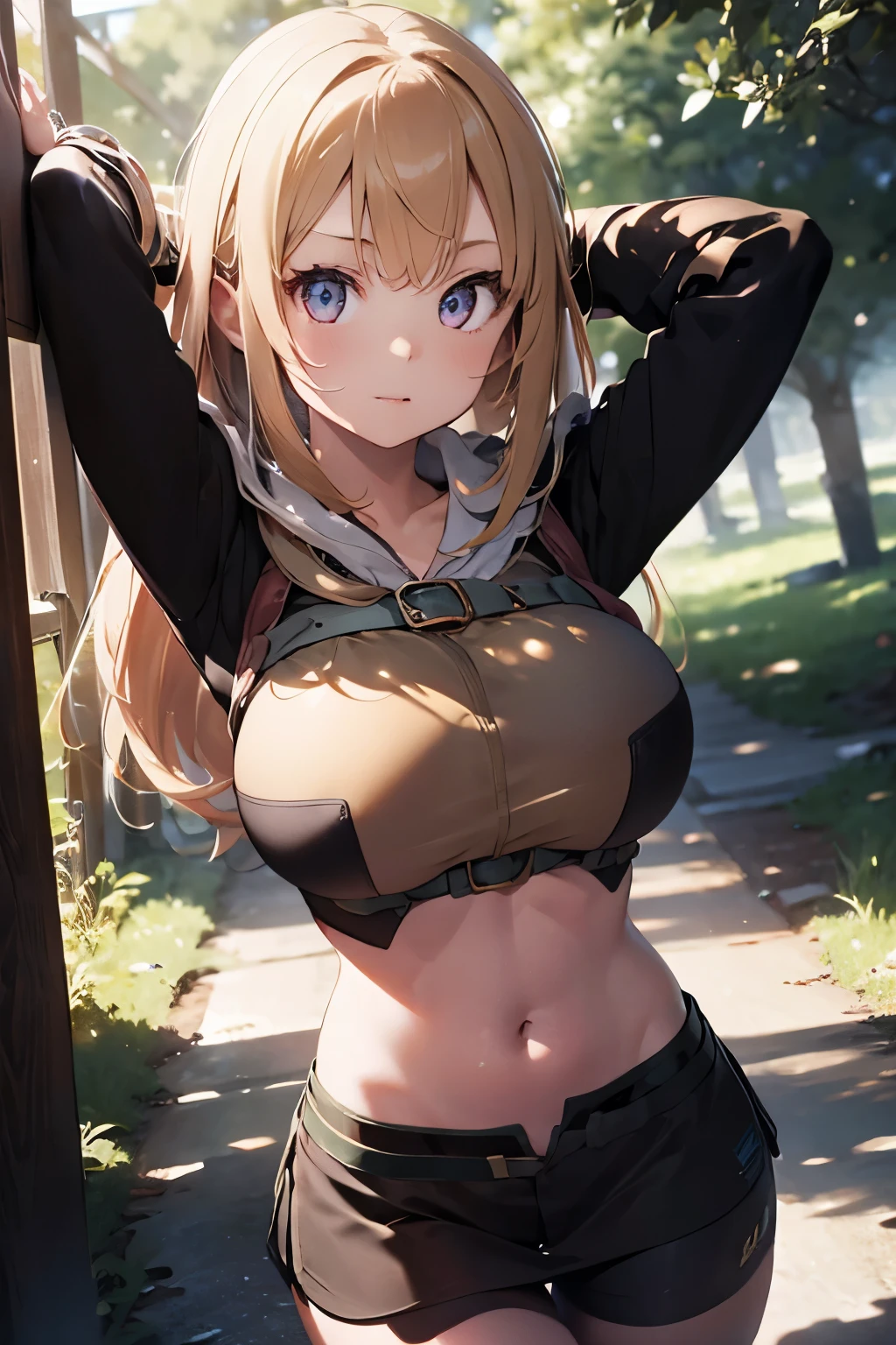 1girl, ragnarokhunter, huge breasts, arms up, serious, blond hair, long hair, in forest, masterpiece, high quality, best quality, beautiful, hd, perfect lighting, detailed face, detailed body, masterpiece, best quality, intricate details, 8k uhd, perfect face, perfect eyes