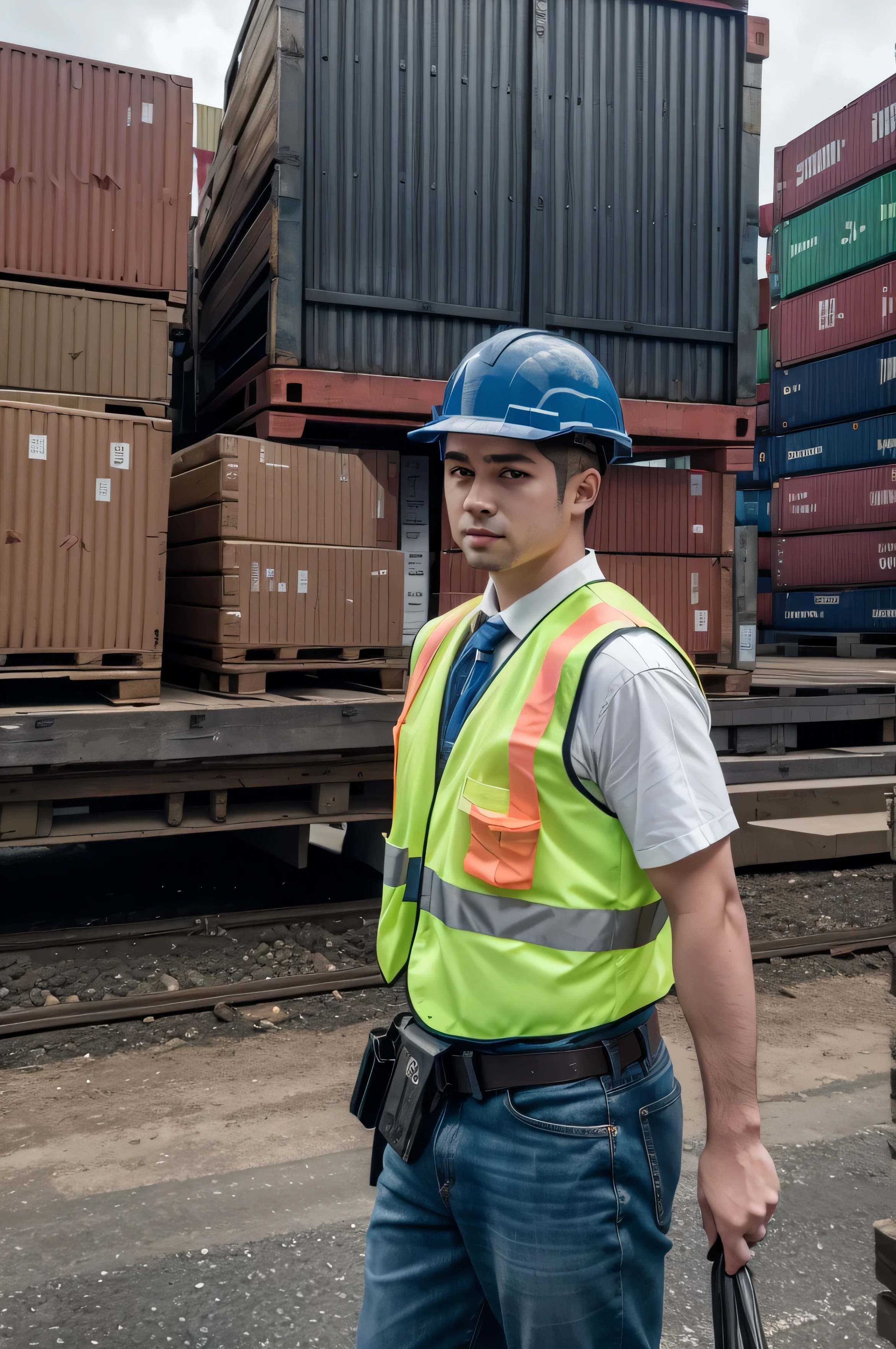  group of 12 mans, many mans de costas para o fótografo wearing yellow safety vests, up to the waist with blue sashes, working looking to front side, unloading various loads,  steel coils next to a ship unloading wooden pallets in a port , iso 50 ultrarealista 12k, masterpiece, canon 17-40 f8,
