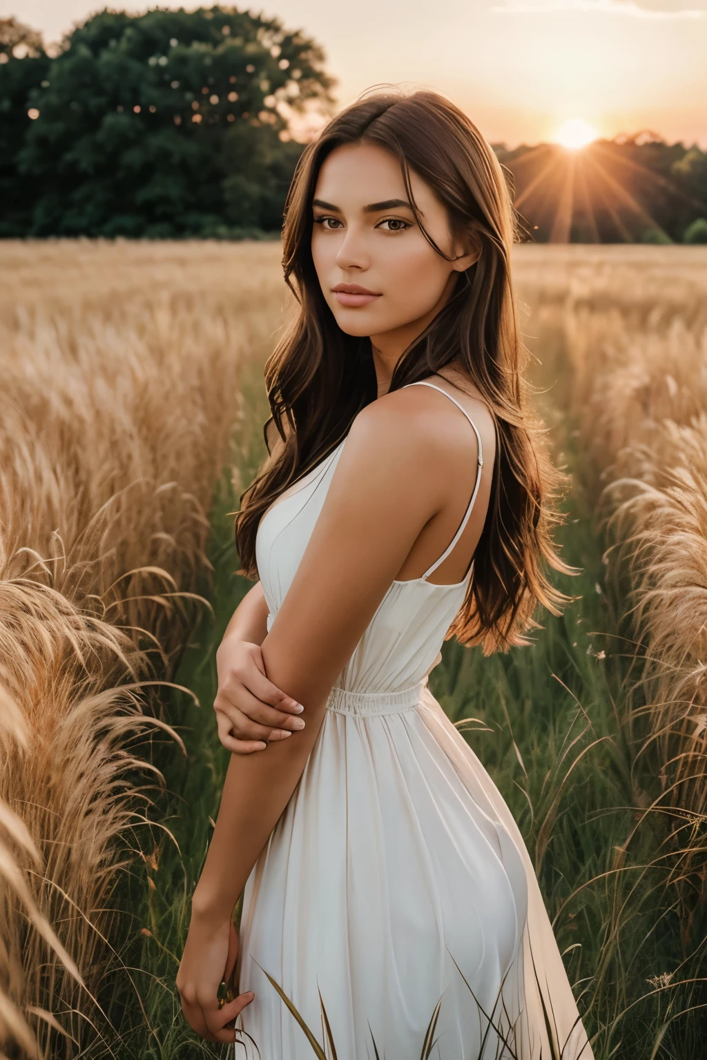 A captivating brunette woman, wavy hair, well-shaped figure dons a vibrant white dress amidst the golden wave of the wheat yard. The sunlight bathes her in its natural radiance, heightening the sense of sensuality she exudes. The photograph is taken from a distance of approximately 5 meters away, using a DSLR camera to capture every intricate detail of her enchanting appearance.
