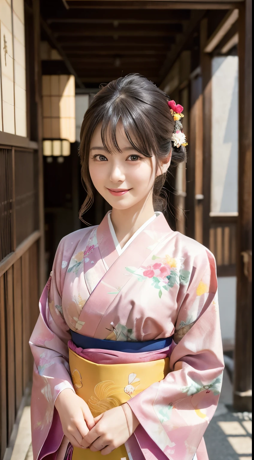 Professional Lighting,(Photorealistic:1.4), (Top image quality:1.0), (超A high resolution:1.0), 8k, Raw photography, (masterpiece:0.2), (Facing the children_v1:0.5)、(最高quality Detail:1.2)、Realistic、8K Ultra HD、High resolution、(1 girl:1.2)、超detailedな、High quality textures、複雑なdetailed、detailed、Very detailed CG、High quality shadows、detailed 美しく繊細な顔、Beautiful details and a delicate eye、(Symmetrical eyes:1.2),Written boundary depth、Ray Tracing,1 girl, Japanese Girls, (Natural smile:1.4),cute, thin, Portrait of a beautiful Japanese woman in a kimono, Standing elegantly on a street corner in Kyoto. Kimono with vibrant traditional patterns, Hair decorated with elegant and delicate hairpins, Gentle expression. (With the old streets of Kyoto in the background:1.4)、The soft light of a spring afternoon、Adding tranquility to the scene. Rendered in a Realistic style with great attention to detail, High resolutionの画像.Sky Porn, Magic Hour, (Realistic:1.3), finely, quality, (Tabletop:1.2), (Realistic:1.2), (最高quality), (複雑なdetailed), dramatic, Ray Tracing, photograph, +roller