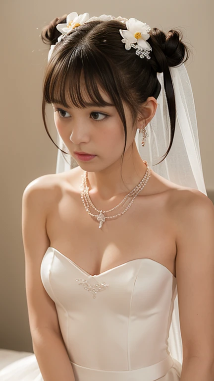 (((Pixel perfect, Perfect details))), alone, 1 girl, Close-up of beautiful bride wearing beautiful wedding dress,Gurwitz, (bridal veil:1.5），（transparent short veil：1.5），blush，eye shadow，Blushing face，Head flower,（tube top wedding dress：1.5），（silk dress：1.2）,（strapless wedding dress：1.5）,pure white dress，necklace，earring, medium breasts:1.3)，Bangs，lipstick，（White long elbow gloves：1.4）,full-body shot,High-detail RAW color art,White long skirt，There is only one railway track in the whole body, 18 years old, （long twintails：1.5）,(double bun:1.5), black hair