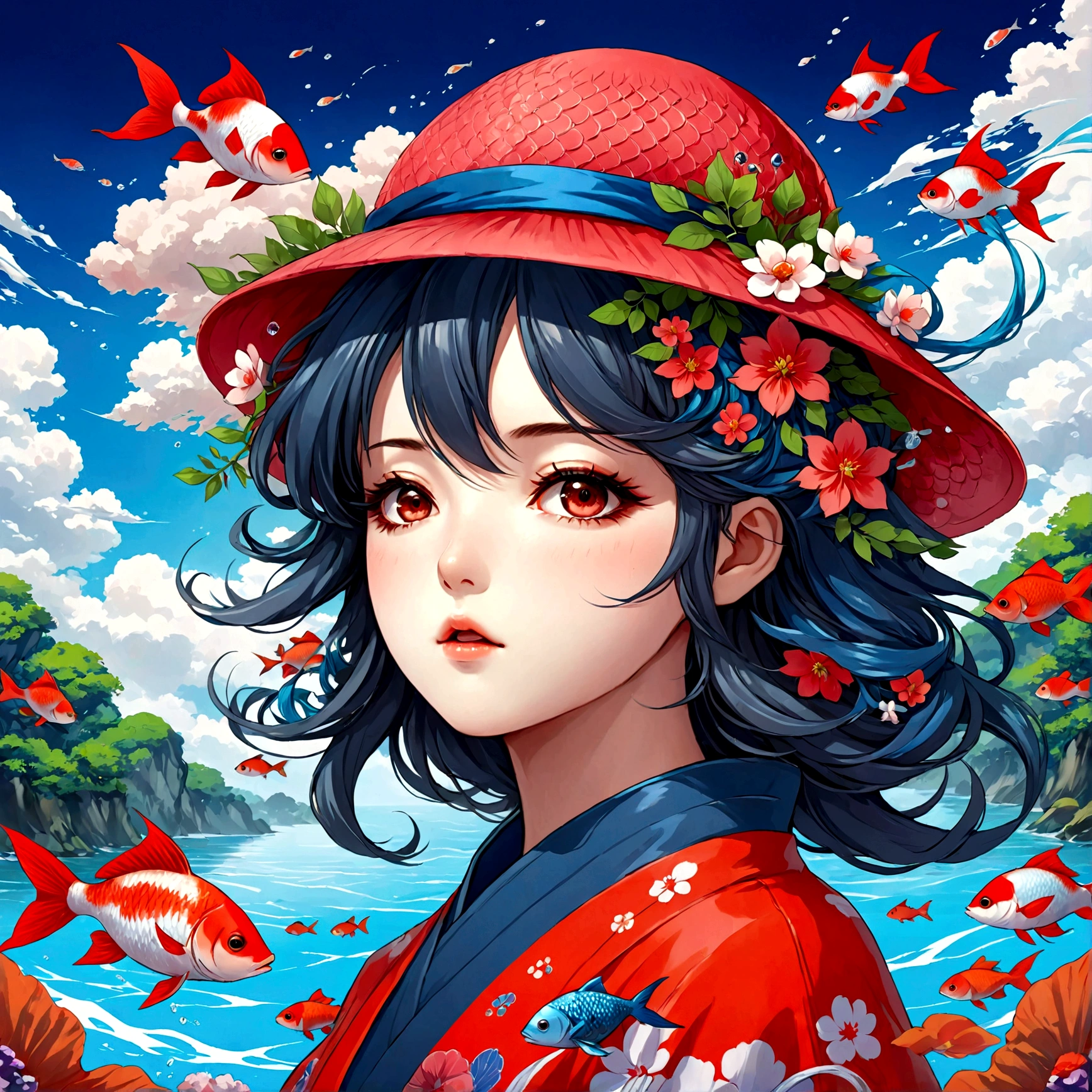 1girl, anime girl with a red hat and a fish in her hair, a beautiful artwork illustration, beautiful anime artwork, beautiful digital illustration, beautiful anime art, beautiful digital artwork, anime style illustration, beautiful anime art style, beautiful anime portrait, anime fantasy illustration, anime styled digital art, anime graphic illustration, japanese art style, exquisite digital illustration, anime art wallpaper 4k, a digital painting by Yuumei, pixiv contest winner, fantasy art, masterpiece, best quality, very aesthetic, absurdres