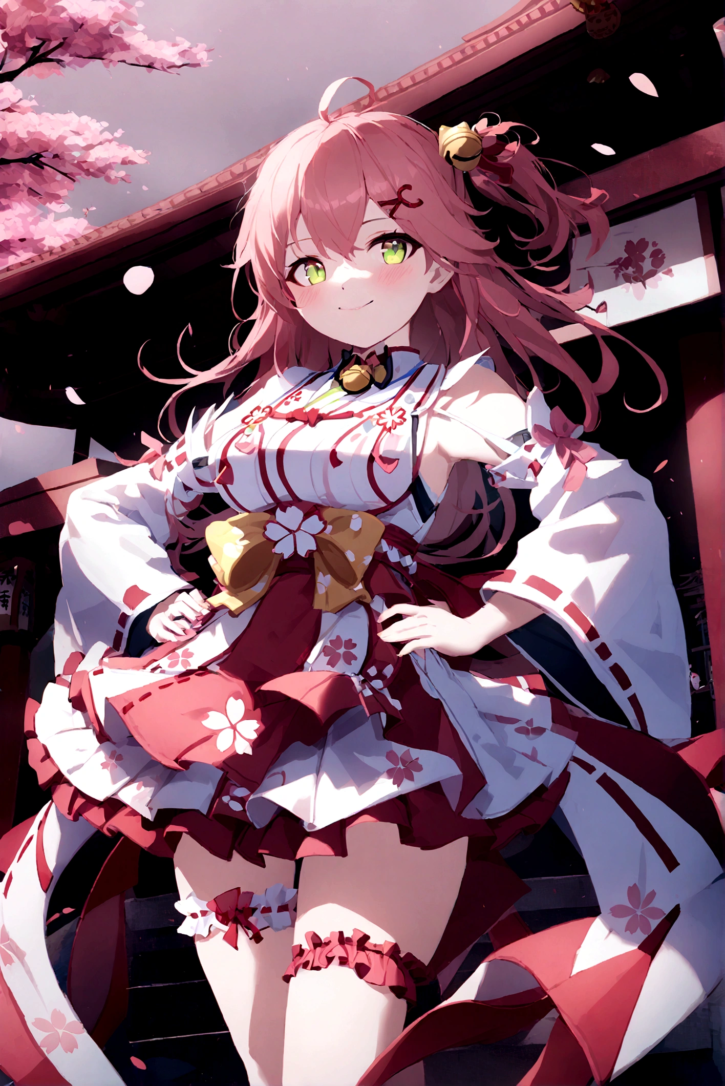 1girl, solo, long hair, ahoge, one side up, hair bell, cherry blossom print, nontraditional miko, frills, single thighhigh, bridal garter, hands on hips, outdoors, shrine, smile