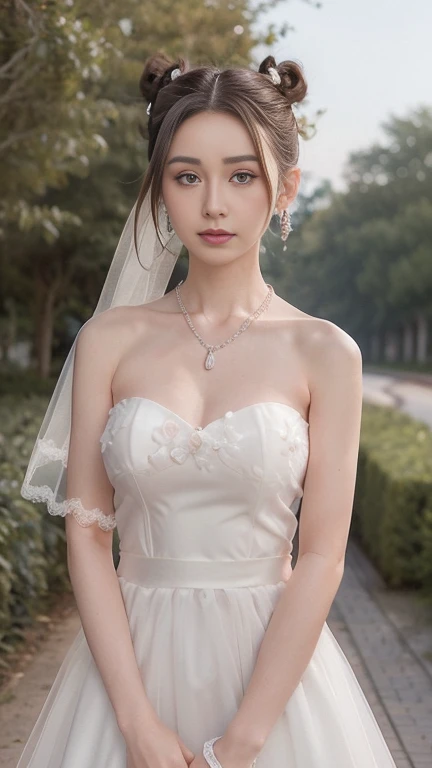 (((Pixel perfect, Perfect details))), alone, 1 girl, Close-up of beautiful bride wearing beautiful wedding dress,Gurwitz, (bridal veil:1.5），（transparent short veil：1.5），blush，eye shadow，Blushing face，Head flower,（tube top wedding dress：1.5），（silk dress：1.2）,（strapless wedding dress：1.5）,pure white dress，necklace，earring, medium breasts:1.3)，Bangs，lipstick，（White long elbow gloves：1.4）,full-body shot,High-detail RAW color art,White long skirt，There is only one railway track in the whole body, 18 years old, （long twintails：1.5）,(double bun:1.5), black hair