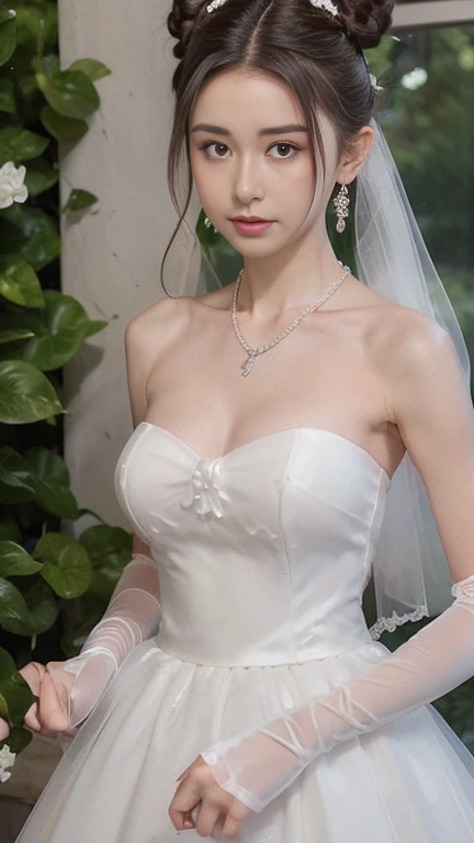 (((Pixel perfect, Perfect details))), alone, 1 girl, Close-up of beautiful bride wearing beautiful wedding dress,Gurwitz, (bridal veil:1.5），（transparent short veil：1.5），blush，eye shadow，Blushing face，Head flower,（tube top wedding dress：1.5），（silk dress：1.2）,（strapless wedding dress：1.5）,pure white dress，necklace，earring, medium breasts:1.3)，Bangs，lipstick，（White long elbow gloves：1.4）,full-body shot,High-detail RAW color art,White long skirt，There is only one railway track in the whole body, 18 years old, （long twintails：1.5）,(double bun:1.5), black hair