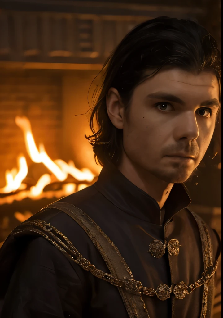 (((1 Man, male))), half Body, (((Cinematic epic poster))) of Larys Strong , Gothic style, (((detailed face))), (a detailed RAW photo of a ), (master part:1.0), (best quality:1.4), (Ultra Highres:1.2), (photorealistic:1.4), 8K resolution, Canon EOS R5, 50 millimeters, Absurd, Ultra Detailed, sharp focus, Cinematic lighting, detailed face, (ULZZANG-6500-V1.1), detailed skin texture, pale skin, chest round, (pale :0.5), Cinematic lighting. (((Abstract flame background, cinematic lighting )))