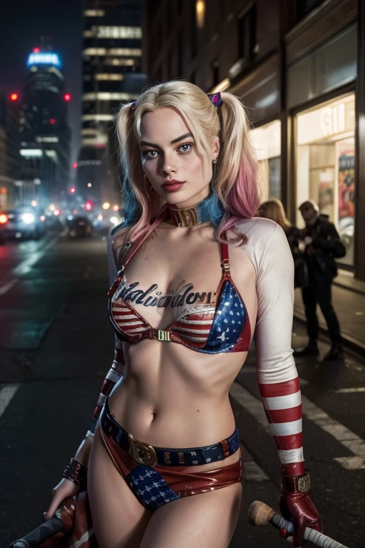 crazy smile Harley Quinn open thighs,margot robbie sitting,m legs,(arms behind head),coverd nipples,open vagina,(masterpiece:1.2), best quality, high resolution, unity 8k wallpaper,extremely detailed face, perfect lighting, extremely , (perfect hands, perfect anatomy),night city,