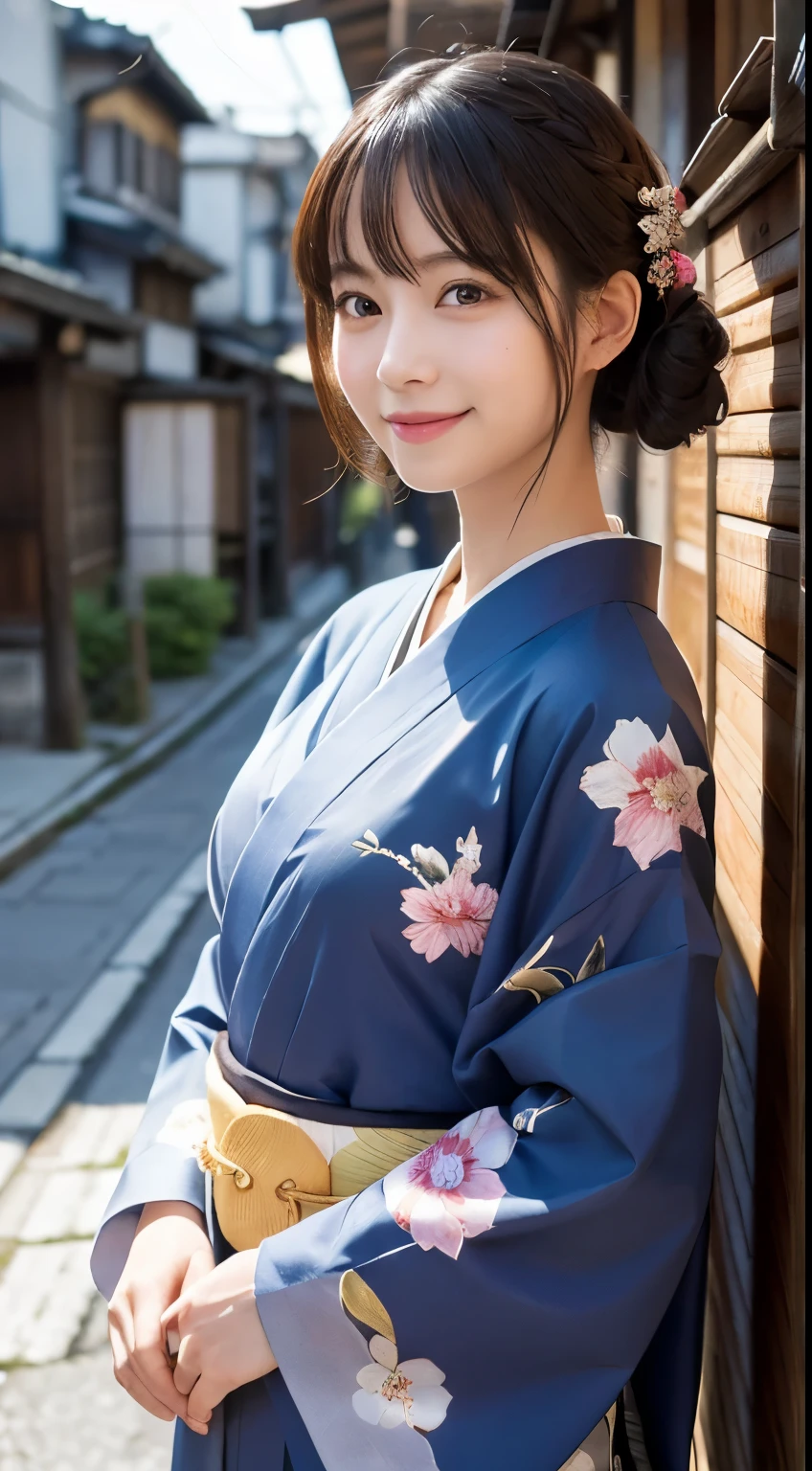 Professional Lighting,(Photorealistic:1.4), (Top image quality:1.0), (超A high resolution:1.0), 8k, Raw photography, (masterpiece:0.2), (Facing the children_v1:0.5)、(最高quality Detail:1.2)、Realistic、8K Ultra HD、High resolution、(1 girl:1.2)、超detailedな、High quality textures、複雑なdetailed、detailed、Very detailed CG、High quality shadows、detailed 美しく繊細な顔、Beautiful details and a delicate eye、(Symmetrical eyes:1.2),Written boundary depth、Ray Tracing,1 girl, Japanese Girls, (Natural smile:1.4),cute, thin, Portrait of a beautiful Japanese woman in a kimono, Standing elegantly on a street corner in Kyoto. Kimono with vibrant traditional patterns, Hair decorated with elegant and delicate hairpins, Gentle expression. (With the old streets of Kyoto in the background:1.4)、The soft light of a spring afternoon、Adding tranquility to the scene. Rendered in a Realistic style with great attention to detail, High resolutionの画像.Sky Porn, Magic Hour, (Realistic:1.3), finely, quality, (Tabletop:1.2), (Realistic:1.2), (最高quality), (複雑なdetailed), dramatic, Ray Tracing, photograph, +roller