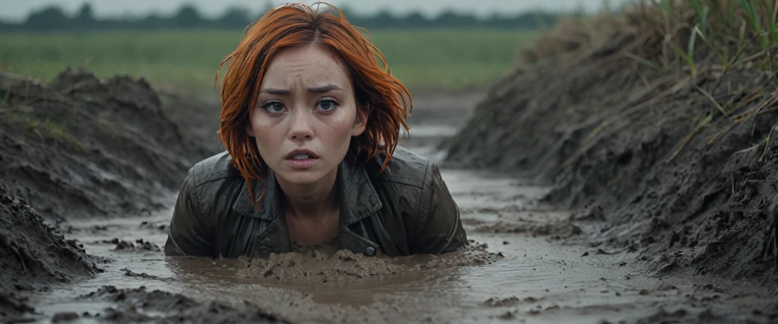 8k, ultra-detailed, from afar view:1.5, documentary drama photo, grainy film photo, masterpiece,muted colors, muffled light, dusk, rainy, moody, noir, asphyxia:1.5,  drowning, woman messy head completely drown in mud hole, shame expression, messy muddy orange brunette hair, depraved outfit,asian:0.5, from above view, faded leather jacket,,