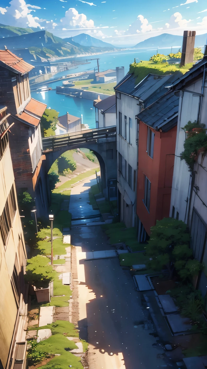 Highly detailed painting from above a mountain of an industrial harbour with old warehouses with lush rocky vegetation, rusty industrial plant in the background, Anime background art, Anime landscape, Highly detailed illustration, anime style cityscape, Makoto Shinkai's style, anime backgrounds, Anime landscapes, in the style of makoto shinkai, drawn in anime painter studio, beautiful anime scenery, Anime landscape concept art, Digital painting
