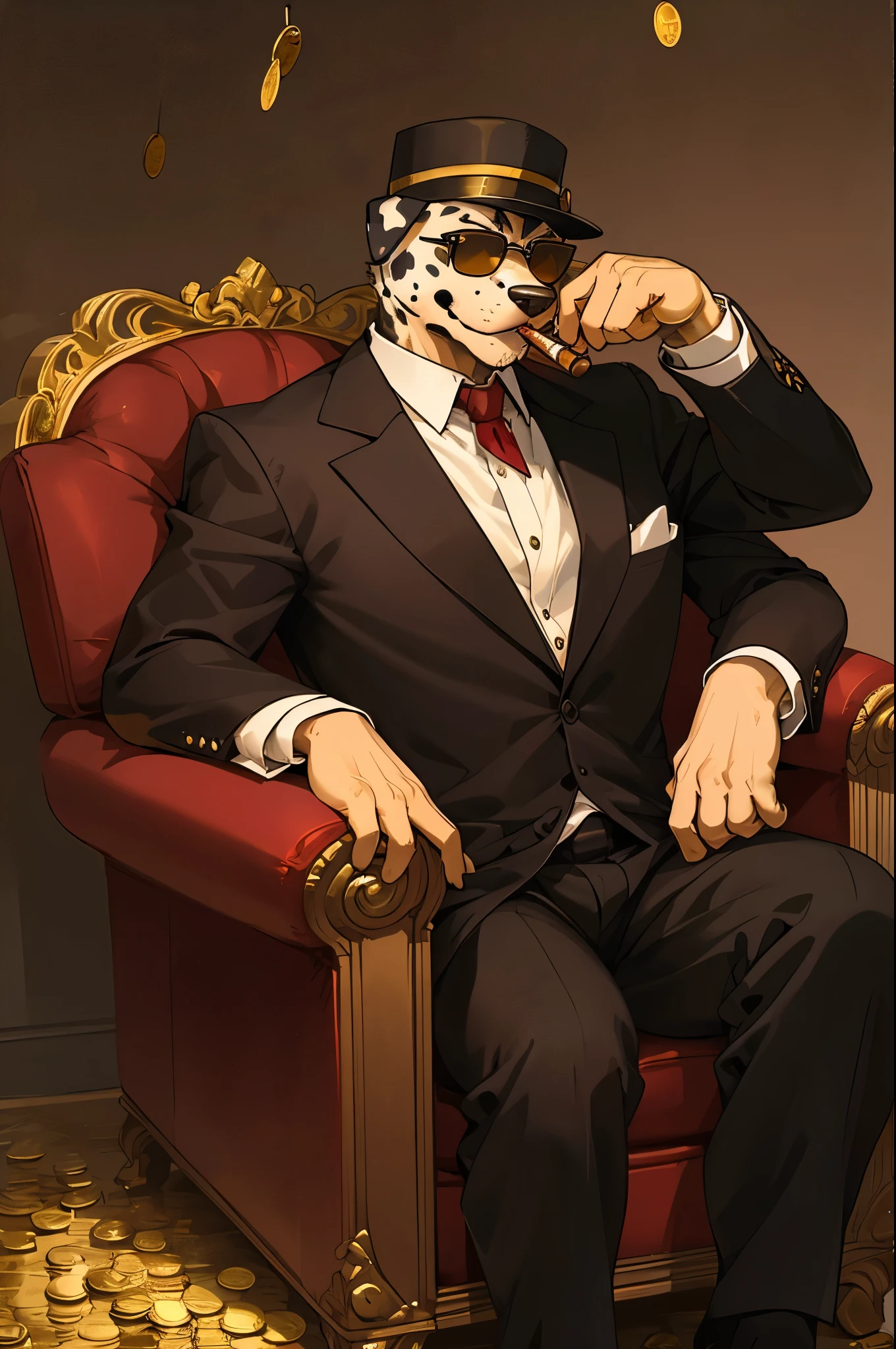 Wear sunglasses、An old Dalmatian dog with a cigar and a mafia boss sitting in an armchair、Gold coins falling from the sk, Vintage Sepia Photography