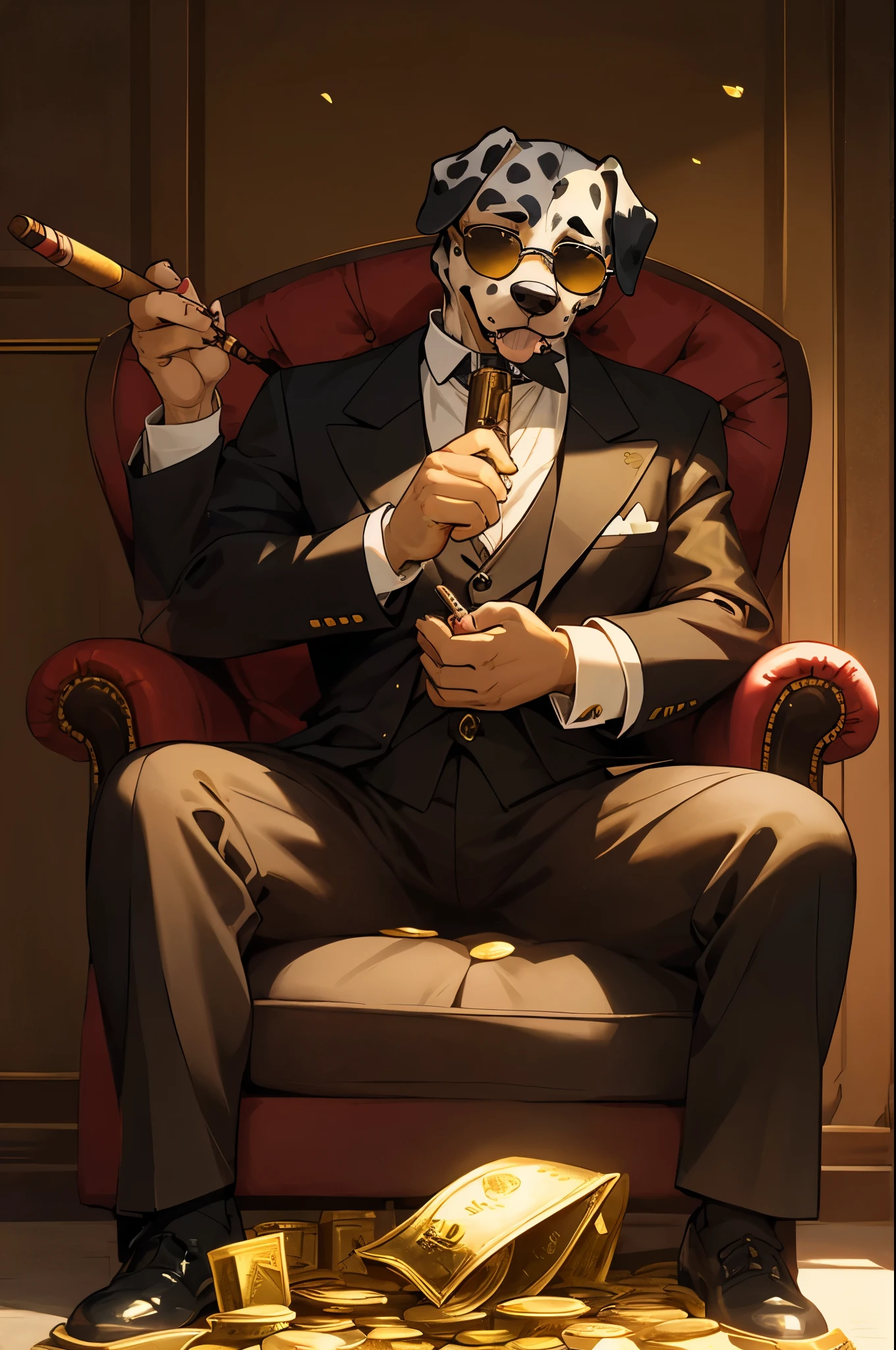 Wear sunglasses、An old Dalmatian dog with a cigar and a mafia boss sitting in an armchair、Gold coins falling from the sk, Vintage Sepia Photography
