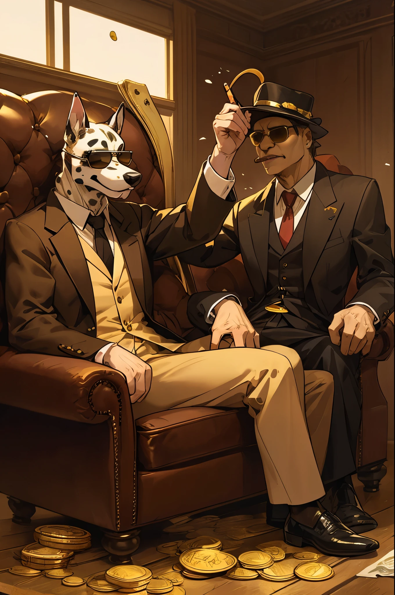 Wear sunglasses、An old Dalmatian dog with a cigar and a mafia boss sitting in an armchair、Gold coins falling from the sk, Vintage Sepia Photography