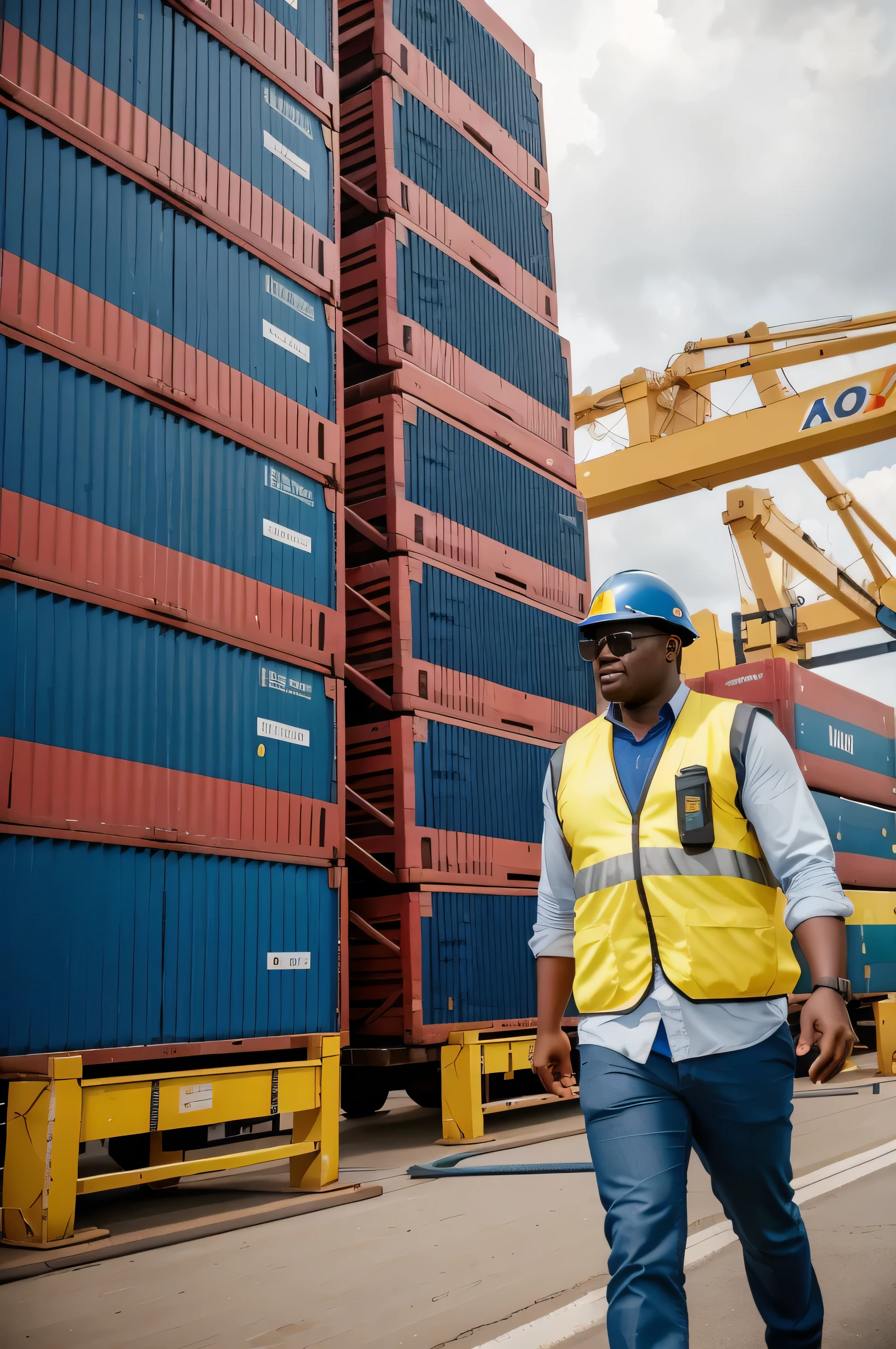 1 black african men and one caucasian old men wearing yellow safety vests, up to the waist with blue sashes, wearing sunglasses working unloading various loads, steel coils next to a ship unloading wooden pallets in a port , iso 50 ultrarealista 12k, masterpiece, canon 17-40 f8,
