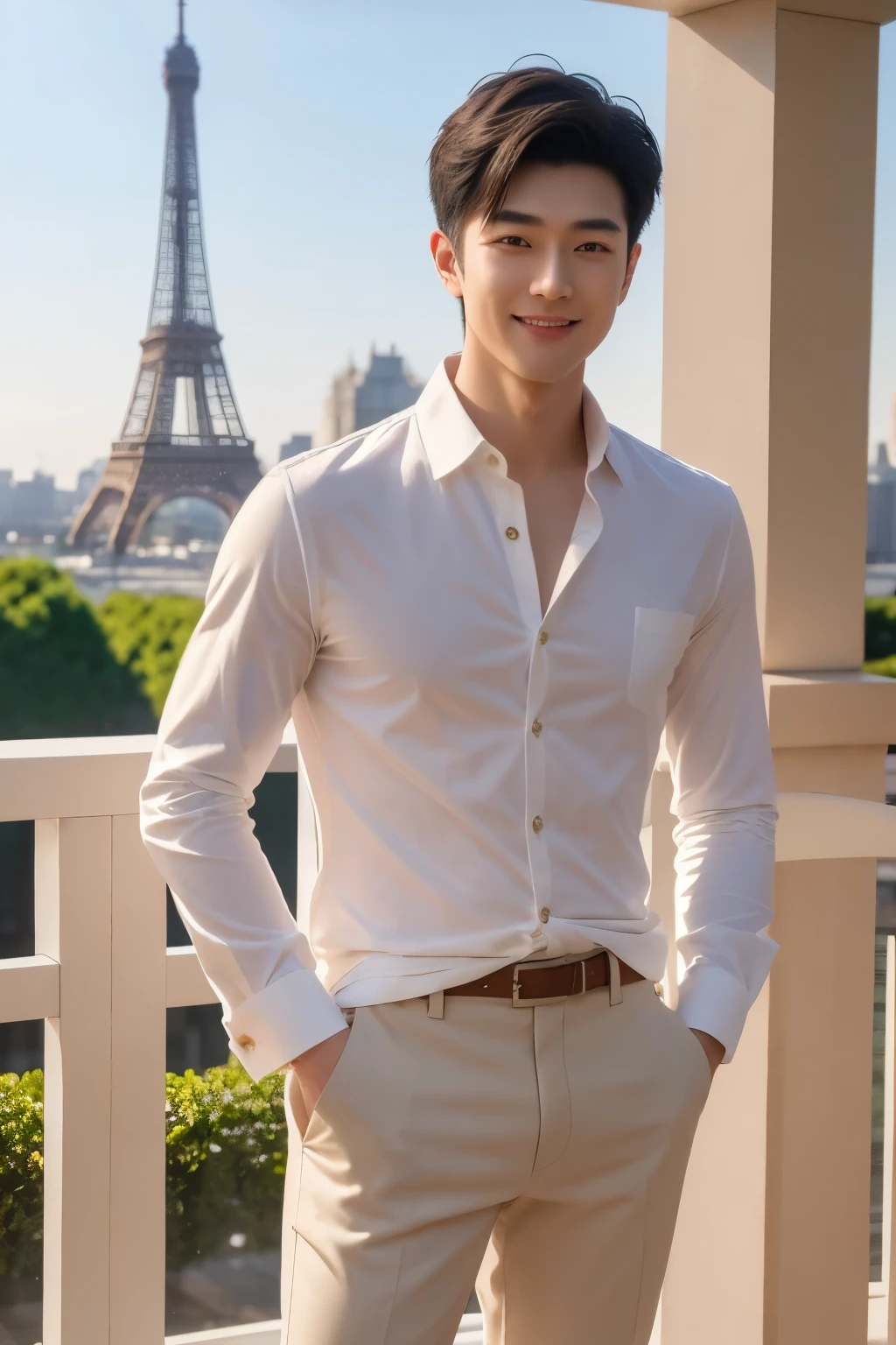A young handsome Japanese man with a smile on his face。Wearing a white shirt and elegantly fitted beige trousers. In front of the Eiffel Tower. Paris. young man with short hair.best picture quality、masterpiece、Ultra-high resolution、(Photo realism：1.4)、Full body image. 8K、Super sharp、Light is real .Ultra high quality、tall gentleman、very beautiful hair、Bright photos .Handsome as a model、Handsome as an idol、Professional avatar、Professional portrait photos、Realistic portrait photos、Detailed color portrait、Idol portrait、High quality full body portrait photos。