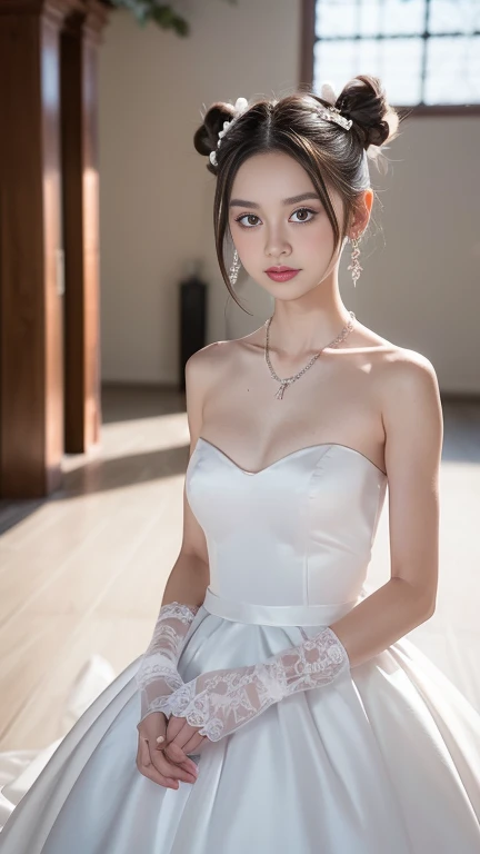 (((Pixel perfect, Perfect details))), alone, 1 girl, Close-up of beautiful bride wearing beautiful wedding dress,Gurwitz, (bridal veil:1.5），（transparent short veil：1.5），blush，eye shadow，Blushing face，Head flower,（tube top wedding dress：1.5），（silk dress：1.2）,（strapless wedding dress：1.5）,pure white dress，necklace，earring, medium breasts:1.3)，Bangs，lipstick，（White long elbow gloves：1.4）,full-body shot,High-detail RAW color art,White long skirt，There is only one railway track in the whole body, 18 years old, （long twintails：1.5）,(double bun:1.5), black hair