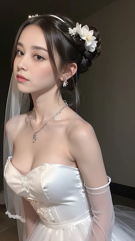 (((Pixel perfect, Perfect details))), alone, 1 girl, Close-up of beautiful bride wearing beautiful wedding dress,Gurwitz, (bridal veil:1.5),(transparent short veil:1.5),blush,eye shadow,Blushing face,Head flower,(tube top wedding dress:1.5),(silk dress:1.2),(strapless wedding dress:1.5),pure white dress,necklace,earring, medium breasts:1.3),Bangs,lipstick,(White long elbow gloves:1.4),full-body shot,High-detail RAW color art,White long skirt,There is only one railway track in the whole body, 18 years old, (long twintails:1.5),(double bun:1.5), black hair