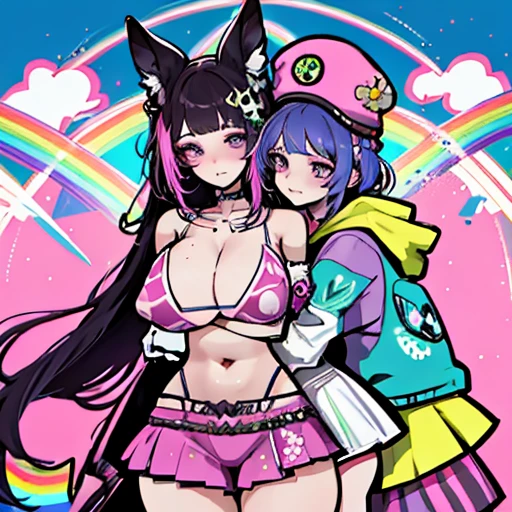 there are two women in costumes standing next to each other, y 2 k cutecore clowncore, rainbows in the background, rainbow bg, rainbowcore, decora inspired illustrations, decora inspired, lgbt art, nixeu and sakimichan, kda and sam yang, e - girl, e-girl, sakimichan and frank franzzeta