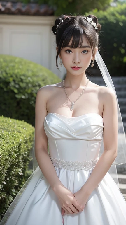 (((Pixel perfect, Perfect details))), alone, 1 girl, Close-up of beautiful bride wearing beautiful wedding dress,Gurwitz, (bridal veil:1.5),(transparent short veil:1.5),blush,eye shadow,Blushing face,Head flower,(tube top wedding dress:1.5),(silk dress:1.2),(strapless wedding dress:1.5),pure white dress,necklace,earring, medium breasts:1.3),Bangs,lipstick,(White long elbow gloves:1.4),full-body shot,High-detail RAW color art,White long skirt,There is only one railway track in the whole body, 18 years old, (long twintails:1.5),(double bun:1.5), black hair